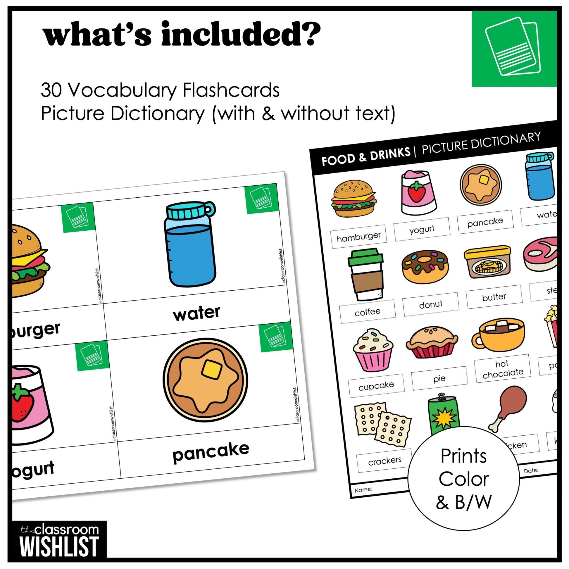 Food & Drinks Vocabulary Building ESL Flashcard Pack: Flash Cards & Dictionary - Hot Chocolate Teachables