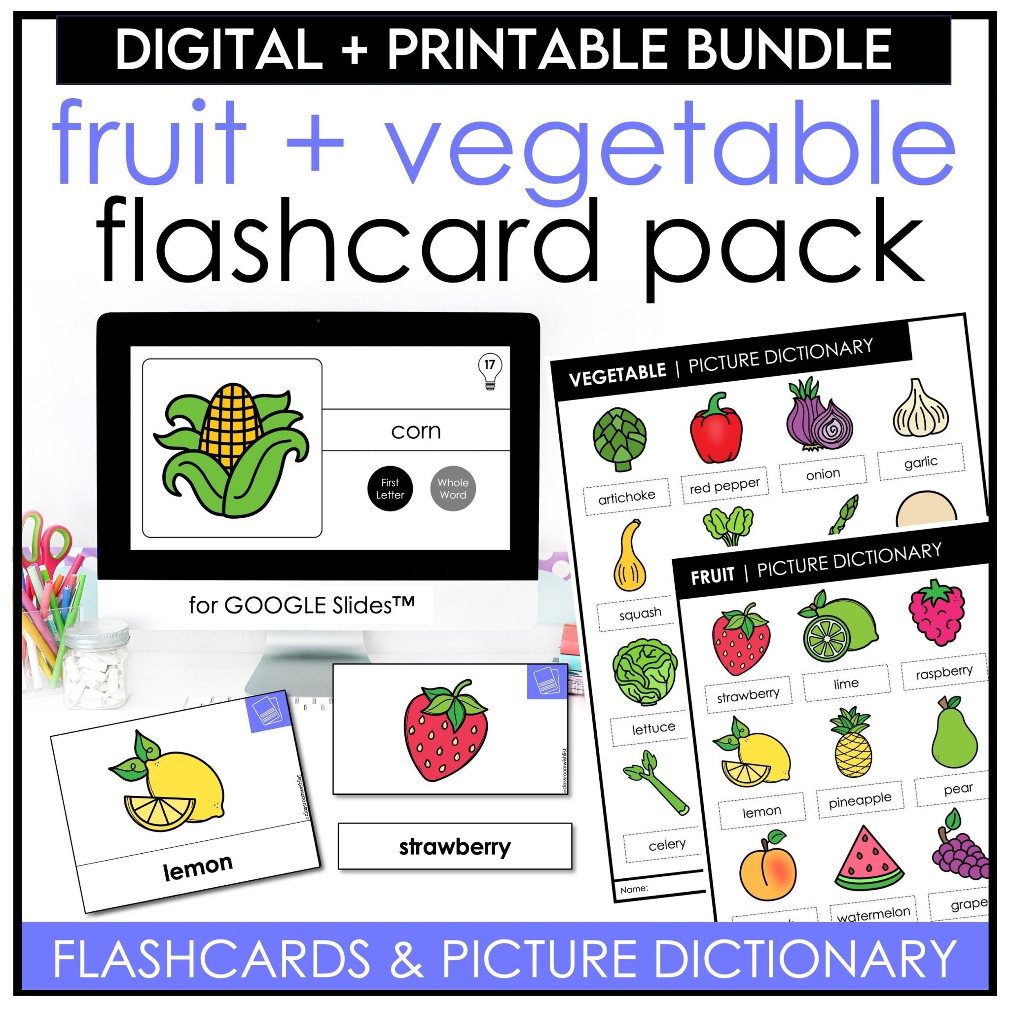 Fruit & Vegetable Vocabulary Flashcard Bundle | Print & Digital | ESL Newcomers - Hot Chocolate Teachables