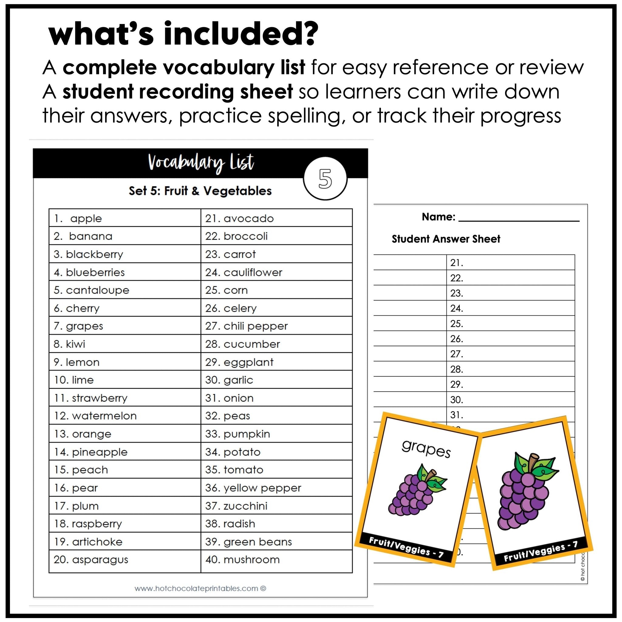 Fruit & Vegetable Vocabulary Flashcards | ESL Task Cards - Hot Chocolate Teachables