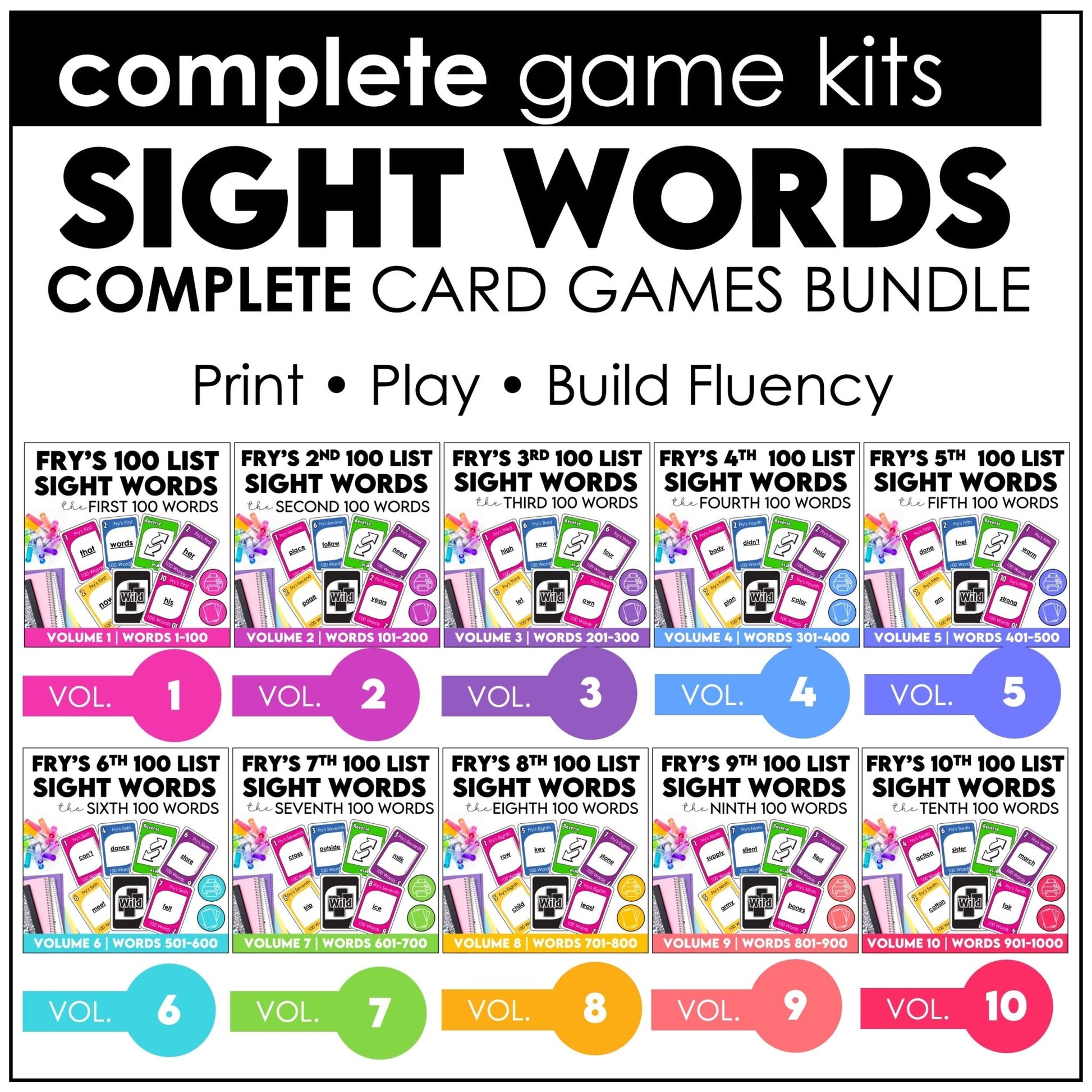 Fry's First 1000 Sight Words - Complete Card Game Bundle for 1st - 5th Grade - Hot Chocolate Teachables