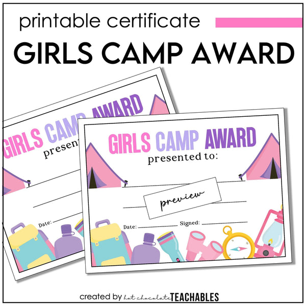 Girls Camp Awards, Summer Camp Certificate for Kids, Printable Certificate of Participation - Hot Chocolate Teachables