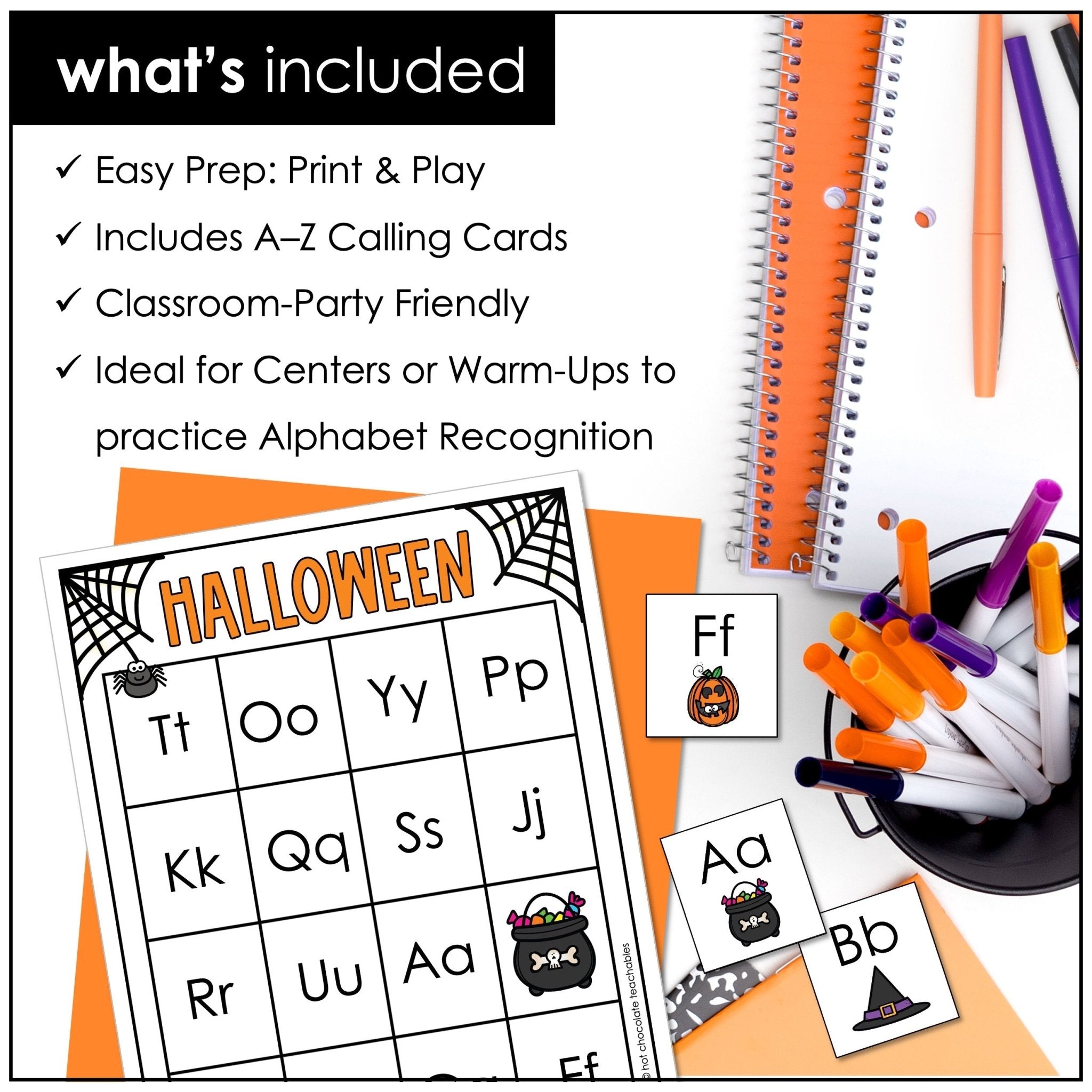 Halloween Alphabet Bingo Game – Uppercase & Lowercase Letters A–Z - Hot Chocolate Teachables