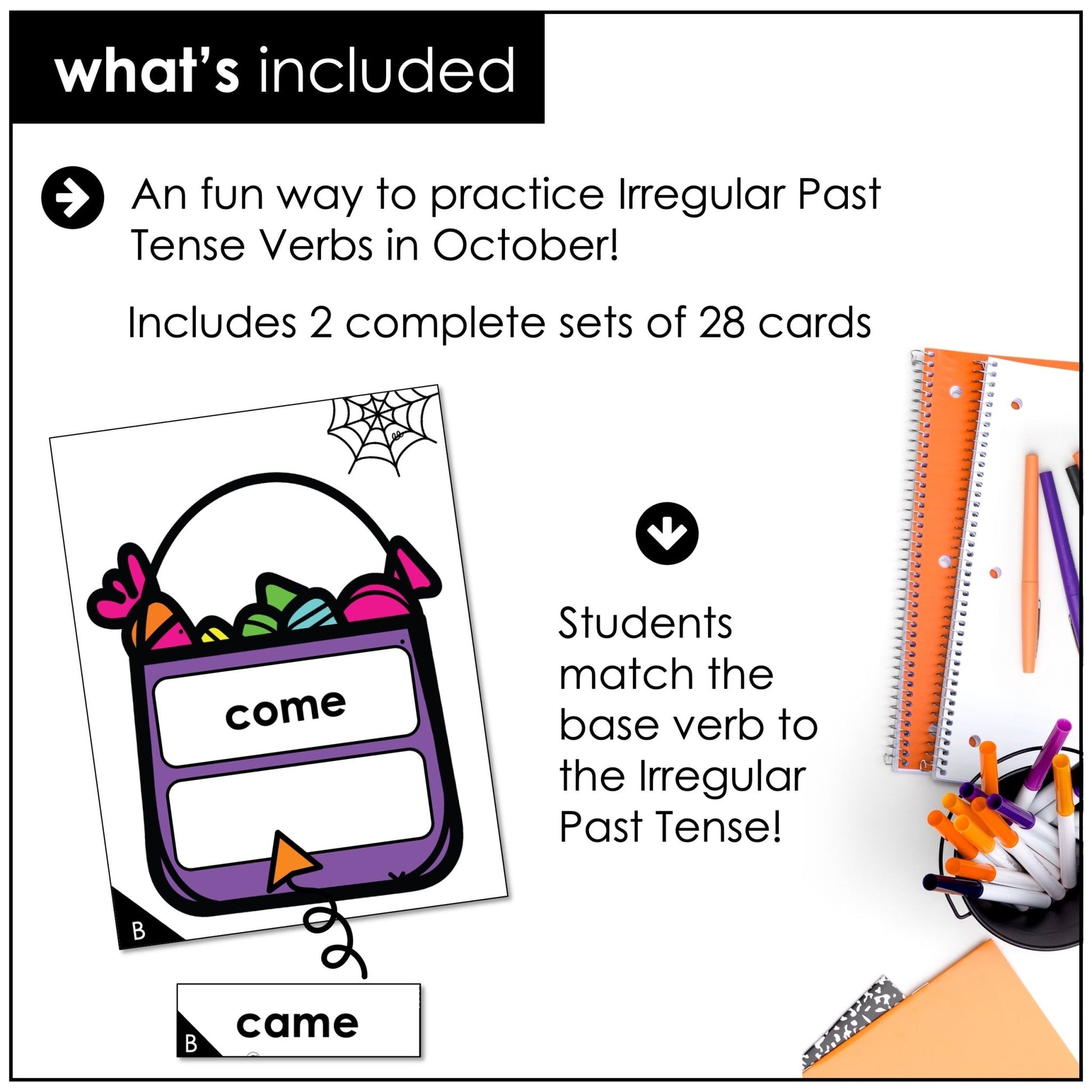 Halloween Irregular Past Tense Matching Game – ESL Past Simple Activity - Hot Chocolate Teachables