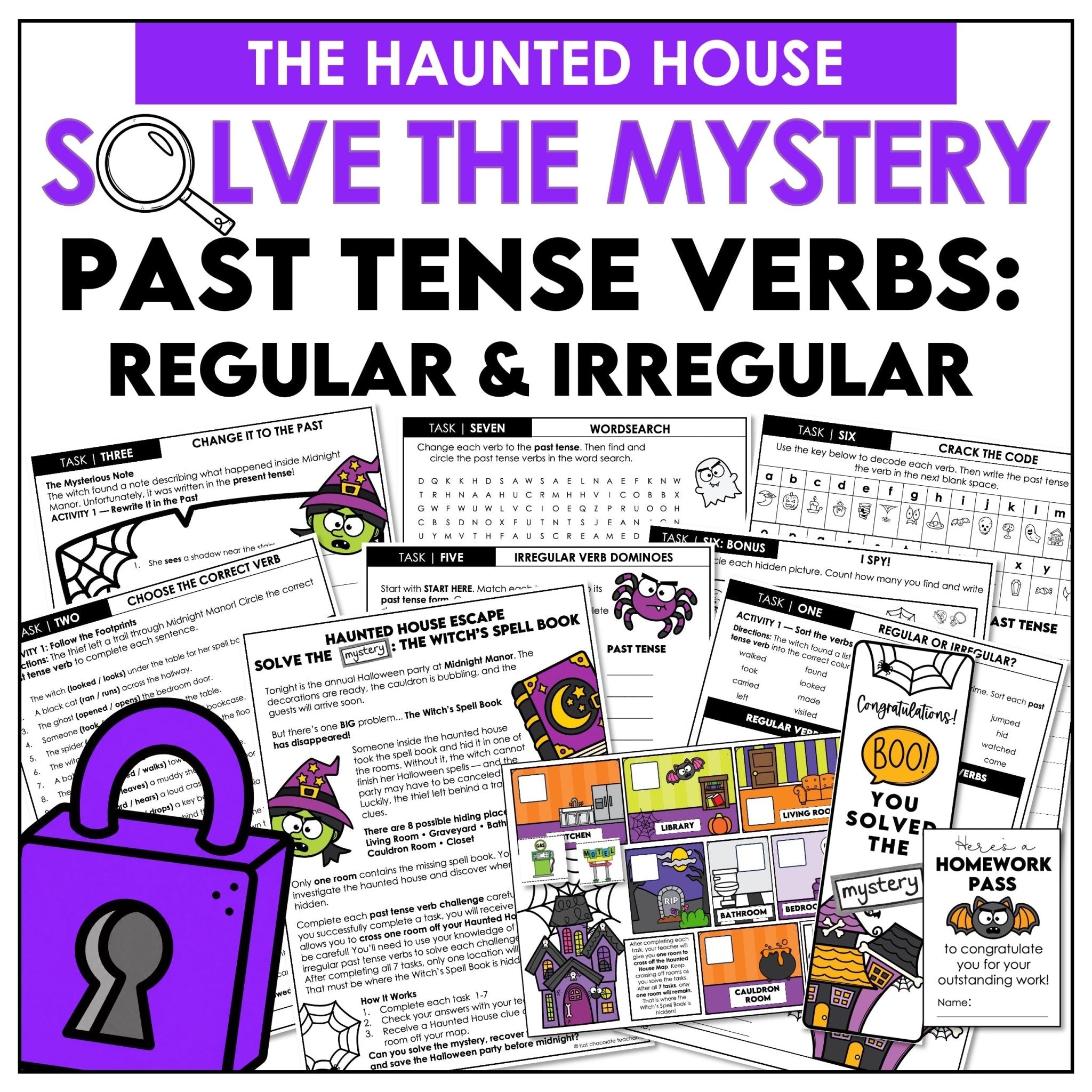 Halloween Past Tense Verb Escape Room – Regular & Irregular Verbs Mystery Game - Hot Chocolate Teachables
