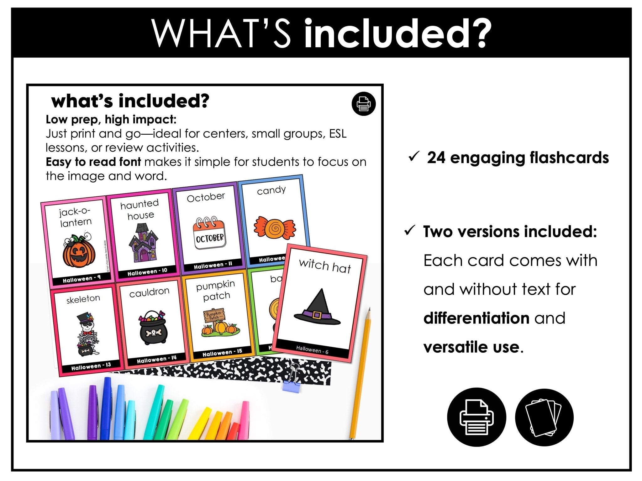 Halloween Vocabulary Flashcards : ESL Activity Cards - Flash Cards - Hot Chocolate Teachables