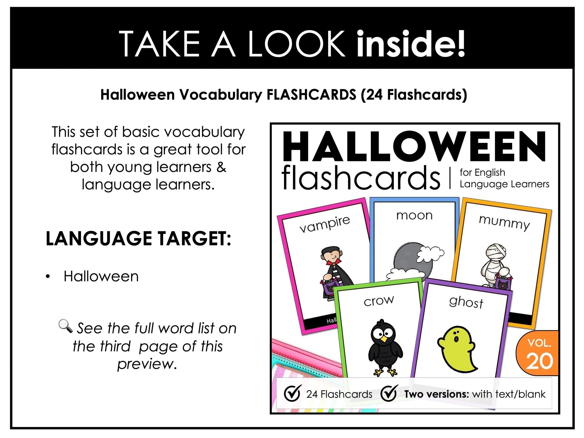 Halloween Vocabulary Flashcards : ESL Activity Cards - Flash Cards - Hot Chocolate Teachables