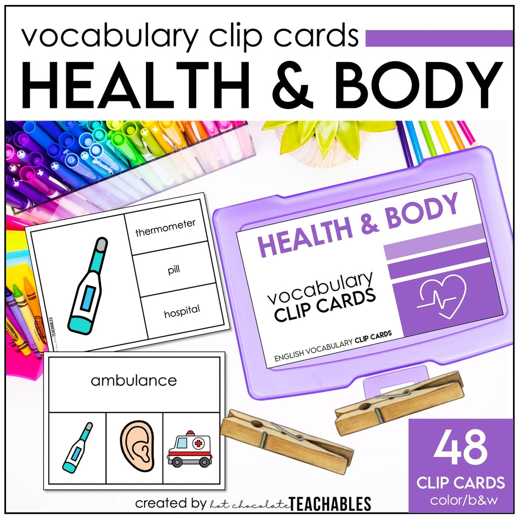 Health and Body Vocabulary CLIP CARD activity task cards for ELL ESL ELD - Hot Chocolate Teachables