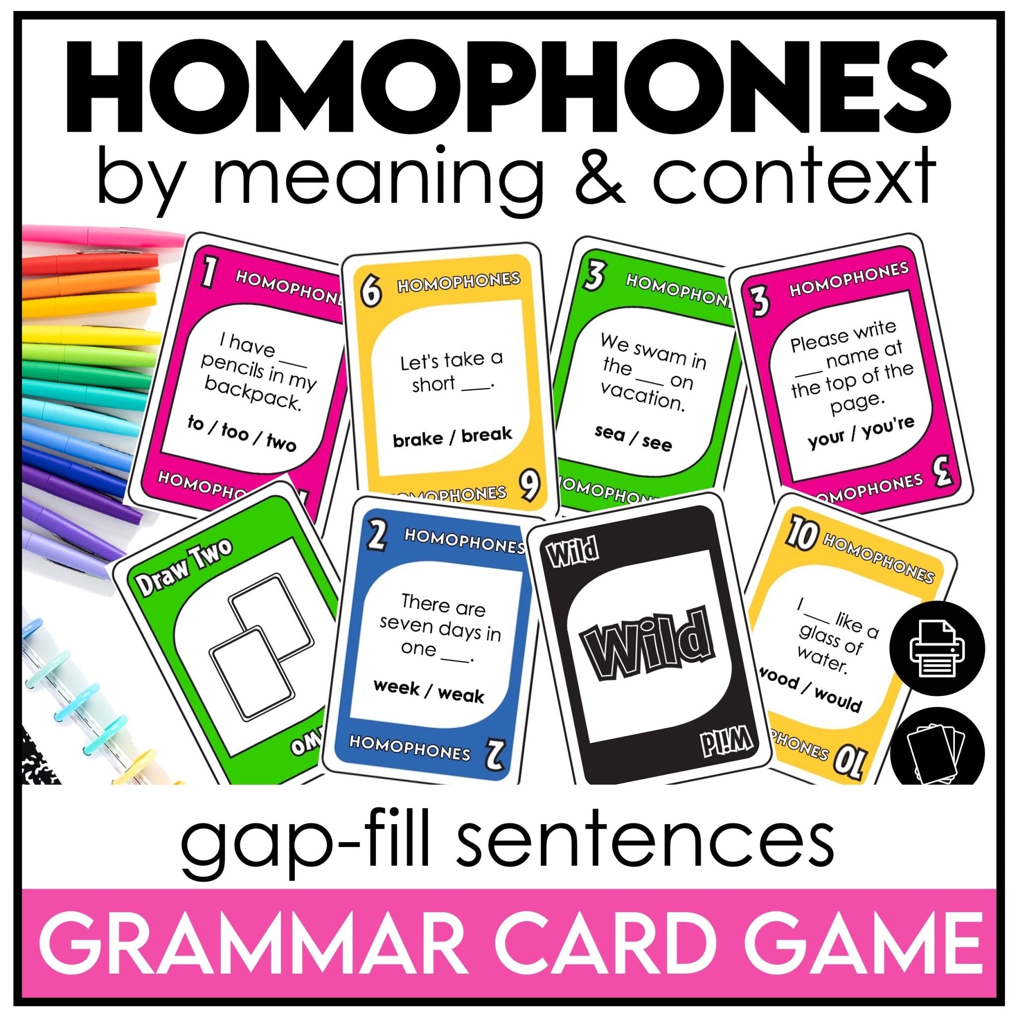 Homophones Card Game | 2nd 3rd 4th Grade ELA Gap Fill Grammar Review - Hot Chocolate Teachables