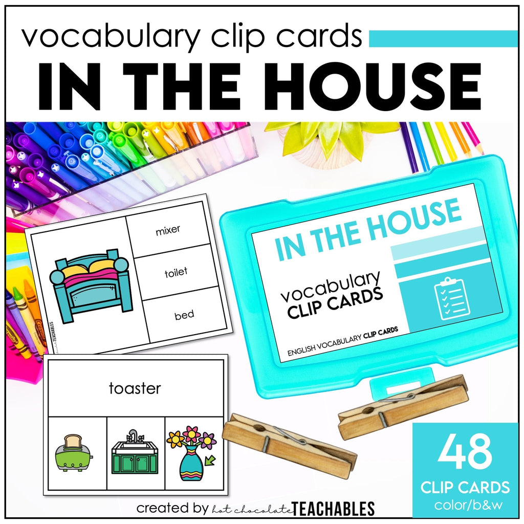 House Vocabulary CLIP CARD activity task cards for Household Objects - Hot Chocolate Teachables