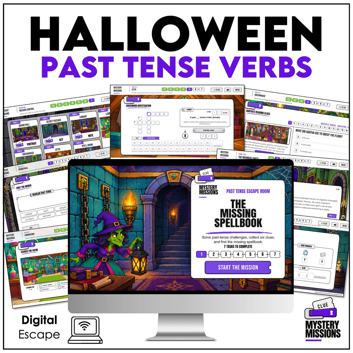 Halloween past tense verbs digital mystery cover