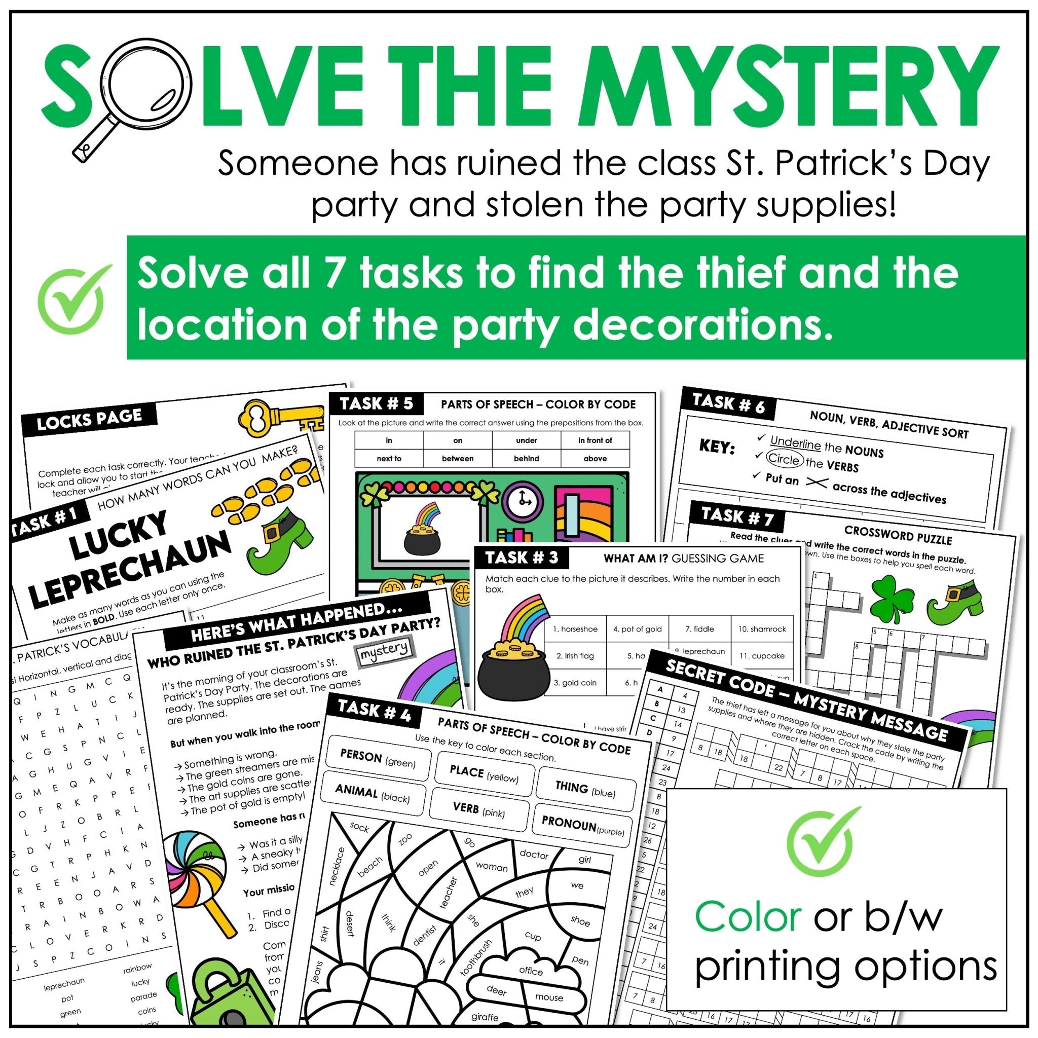 Parts of Speech Escape Room – St. Patrick’s Day Mystery Activity - Hot Chocolate Teachables