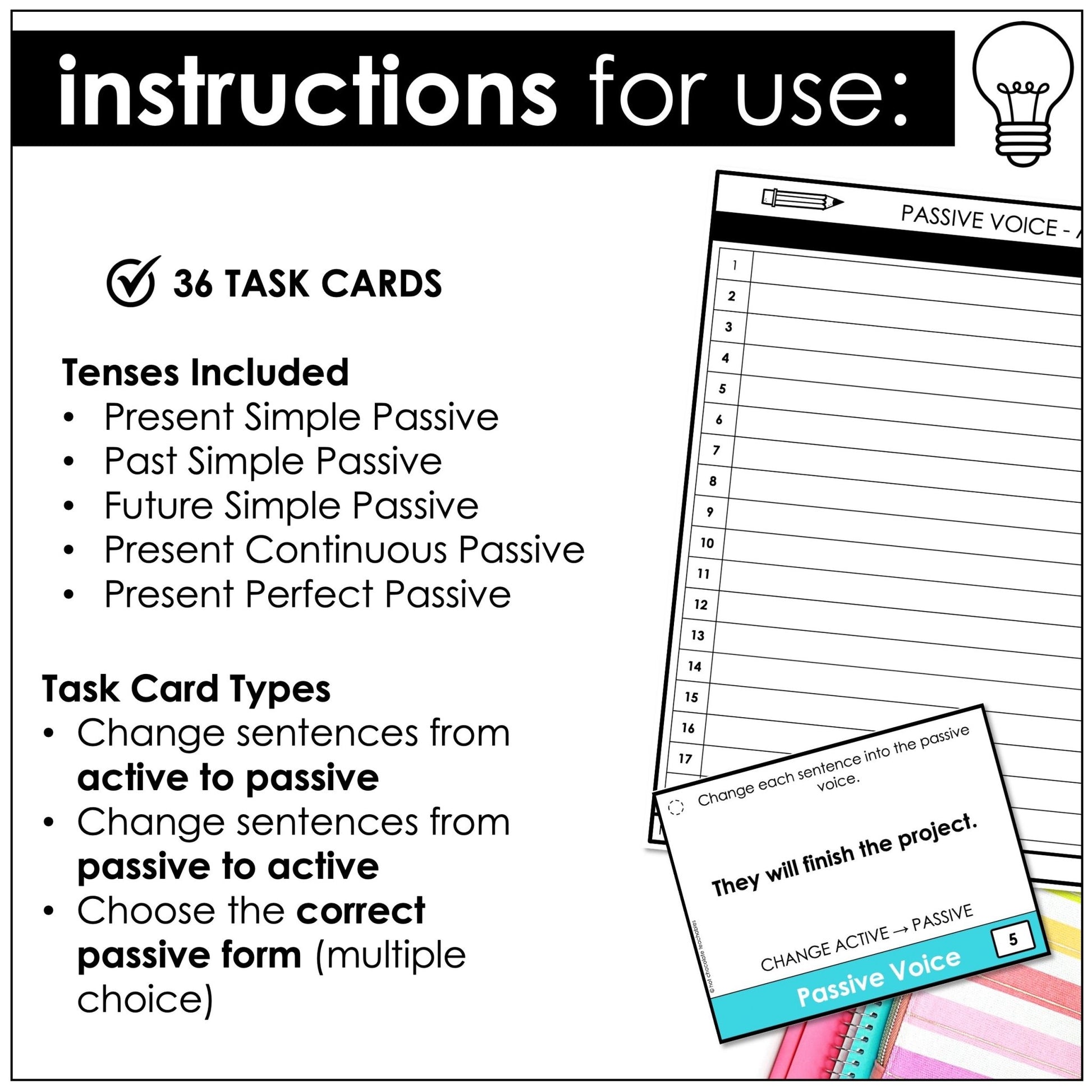 Passive Voice Task Cards – Active to Passive ESL Grammar Activity (B1–B2) - Hot Chocolate Teachables