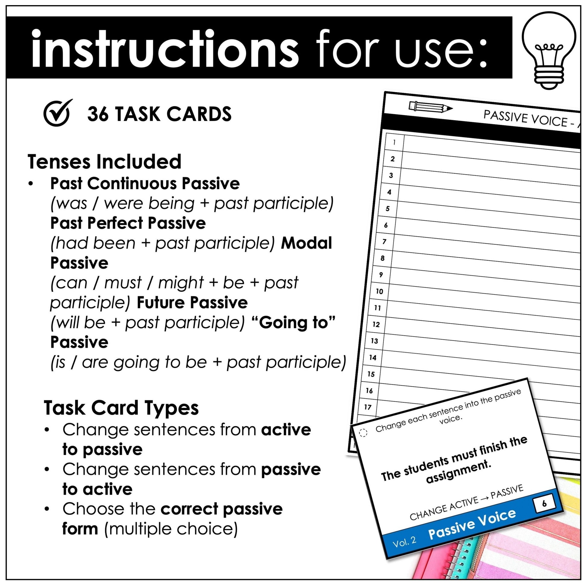 Passive Voice Task Cards – Advanced ESL Grammar (Modals, Past Perfect, Continuous, Future) - Hot Chocolate Teachables