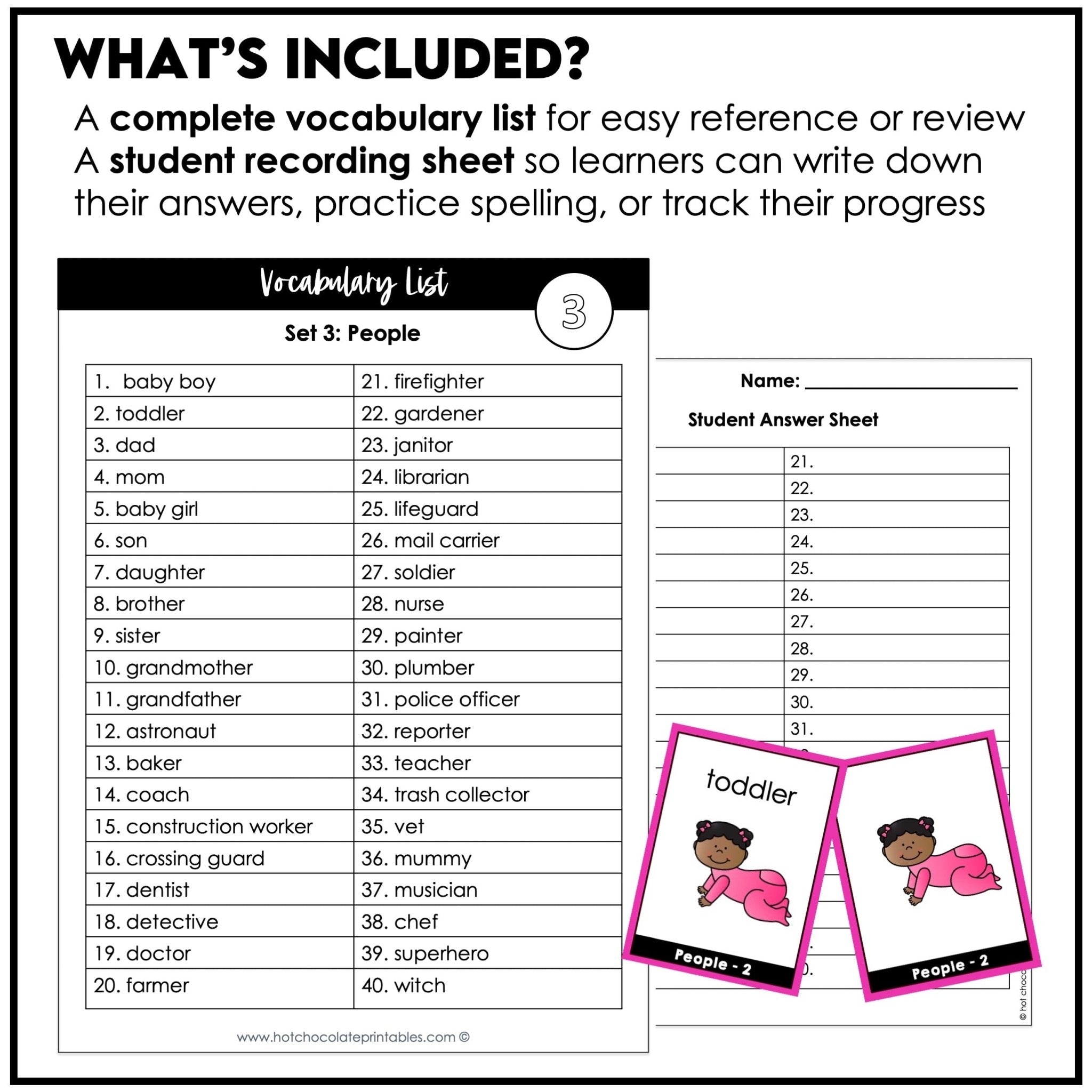 People Flashcards: Jobs & Family Vocabulary ESL Task Cards - Flash Cards - Hot Chocolate Teachables