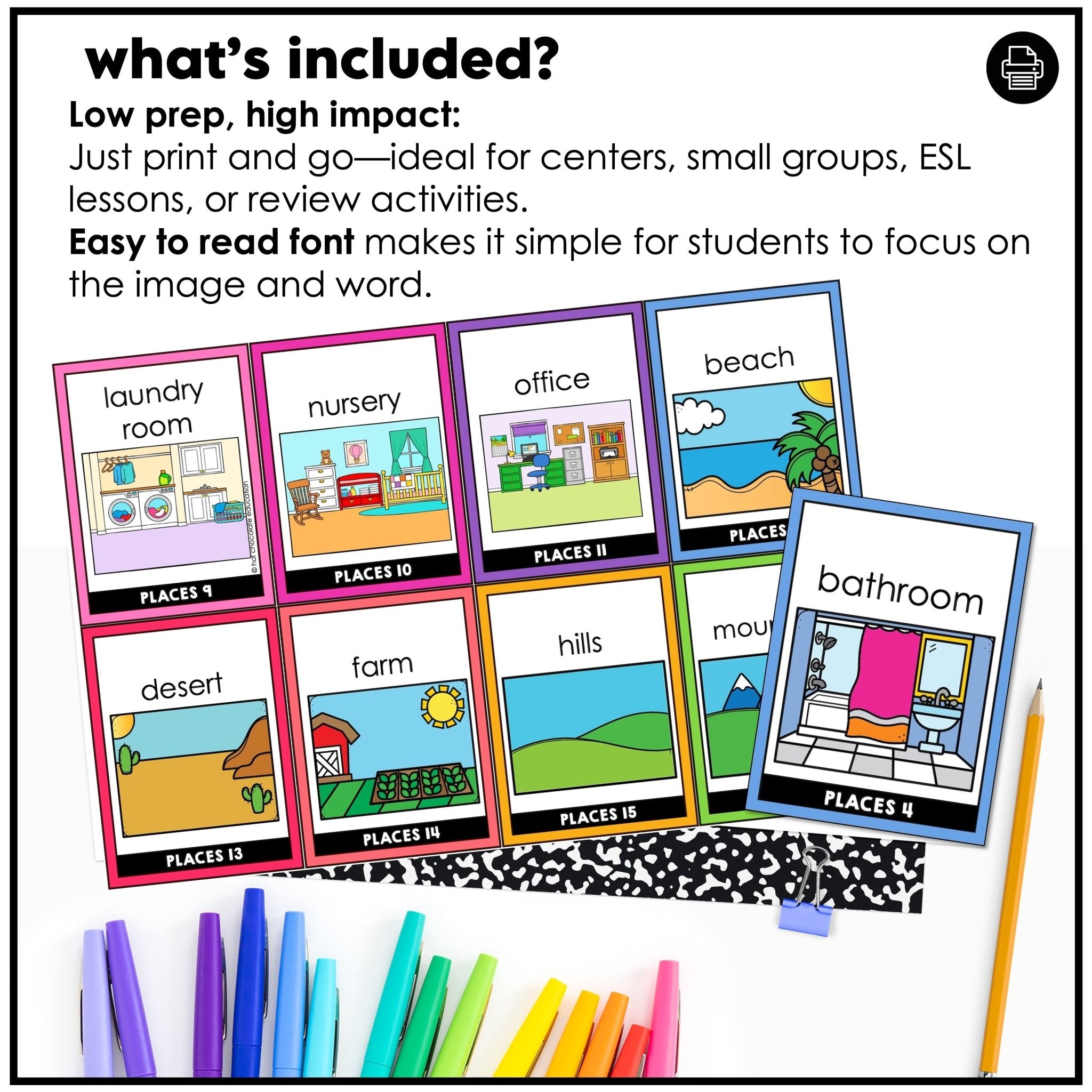 Places Flashcards : City, Town, Buildings, Outdoors, Rooms in the house - Hot Chocolate Teachables