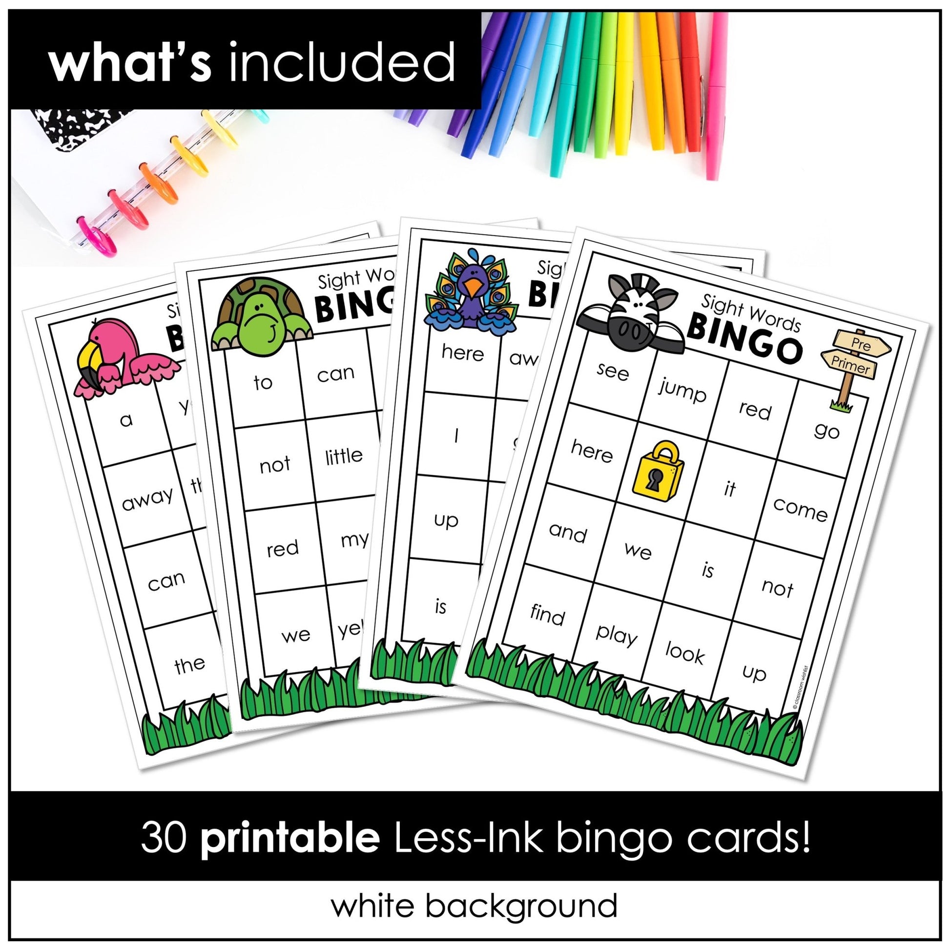 Pre - Primer Sight Word Bingo Game for Pre - K and Kindergarten - 30 Boards - Hot Chocolate Teachables
