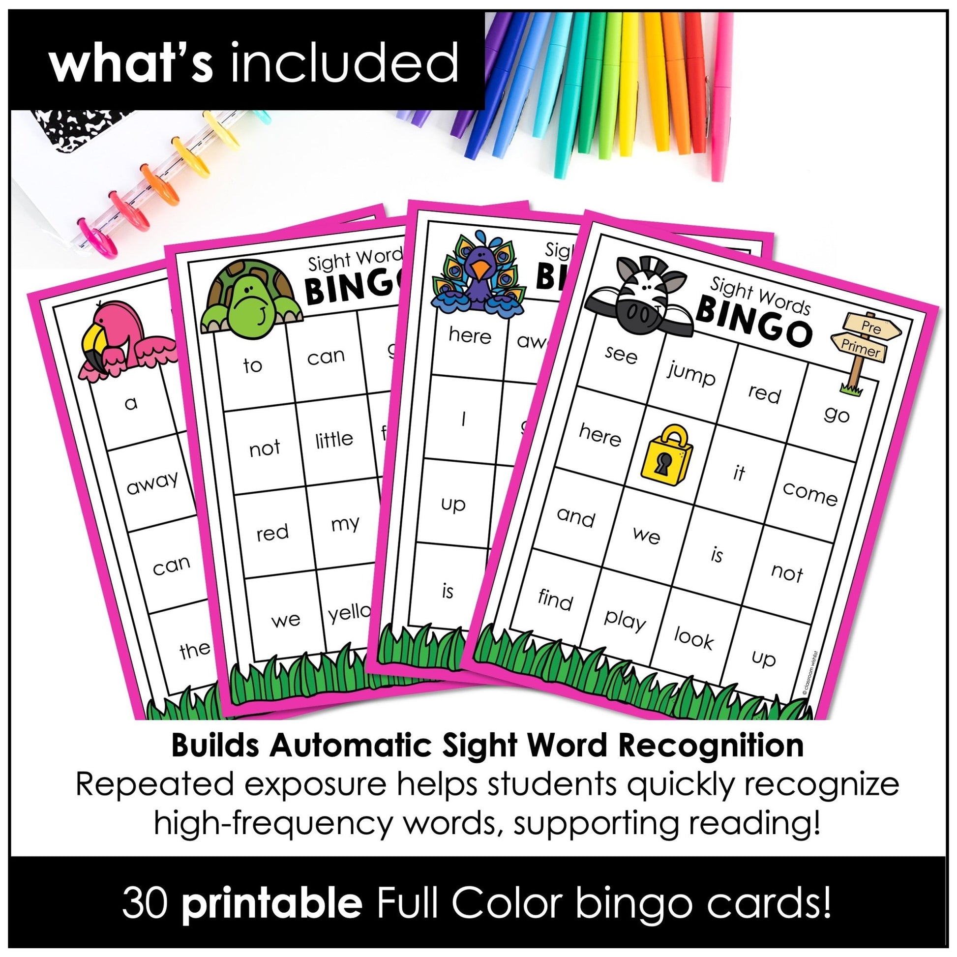 Pre - Primer Sight Word Bingo Game for Pre - K and Kindergarten - 30 Boards - Hot Chocolate Teachables