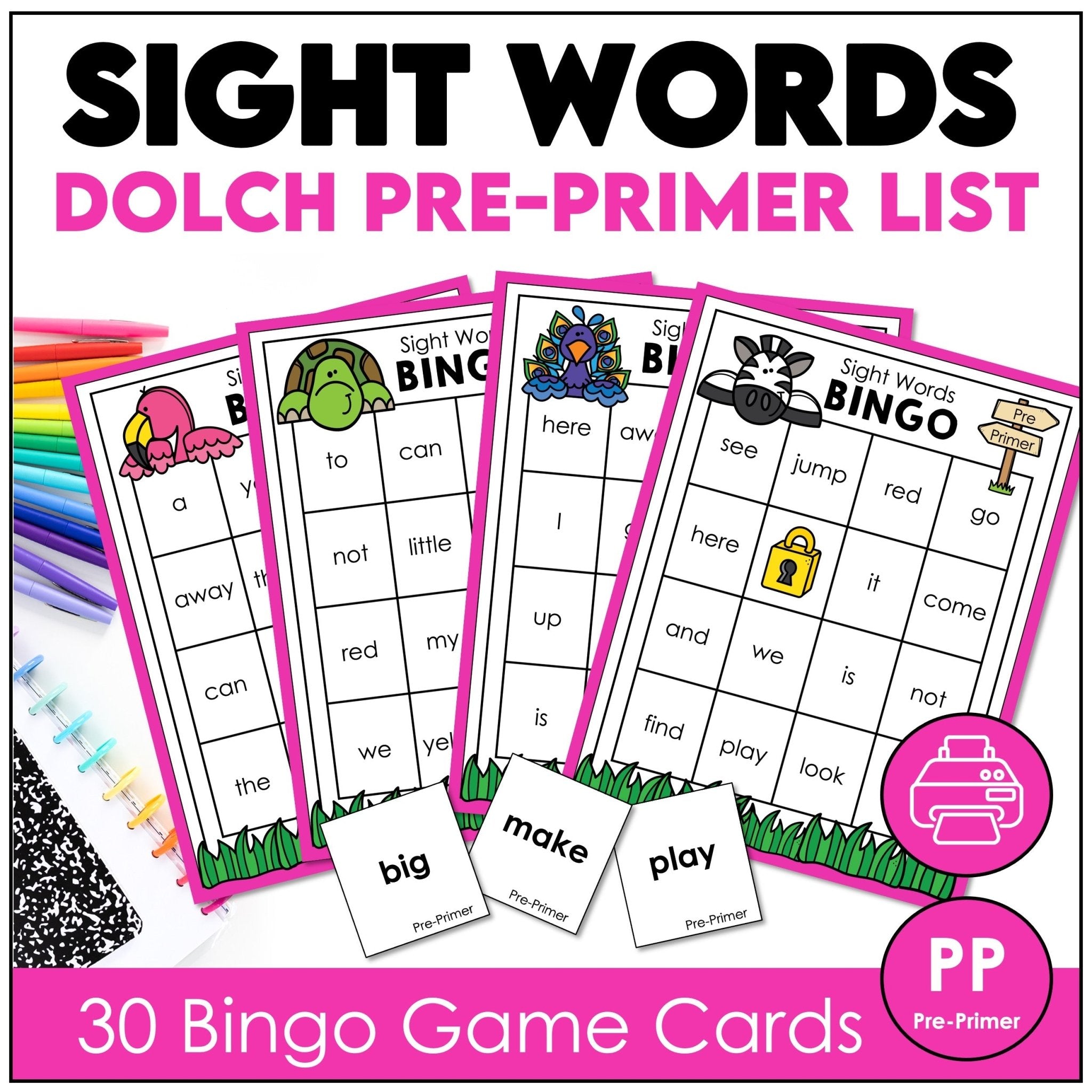 Pre - Primer Sight Word Bingo Game for Pre - K and Kindergarten - 30 Boards - Hot Chocolate Teachables