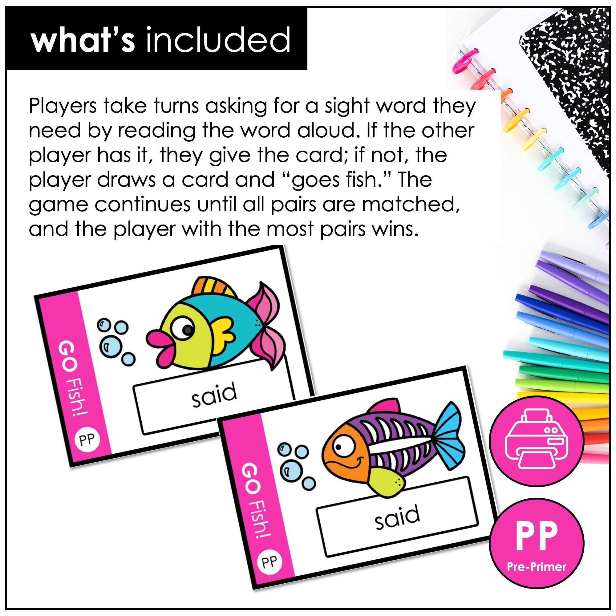 Pre - Primer Sight Words Go Fish Game – Dolch Sight Word Reading Practice - Hot Chocolate Teachables