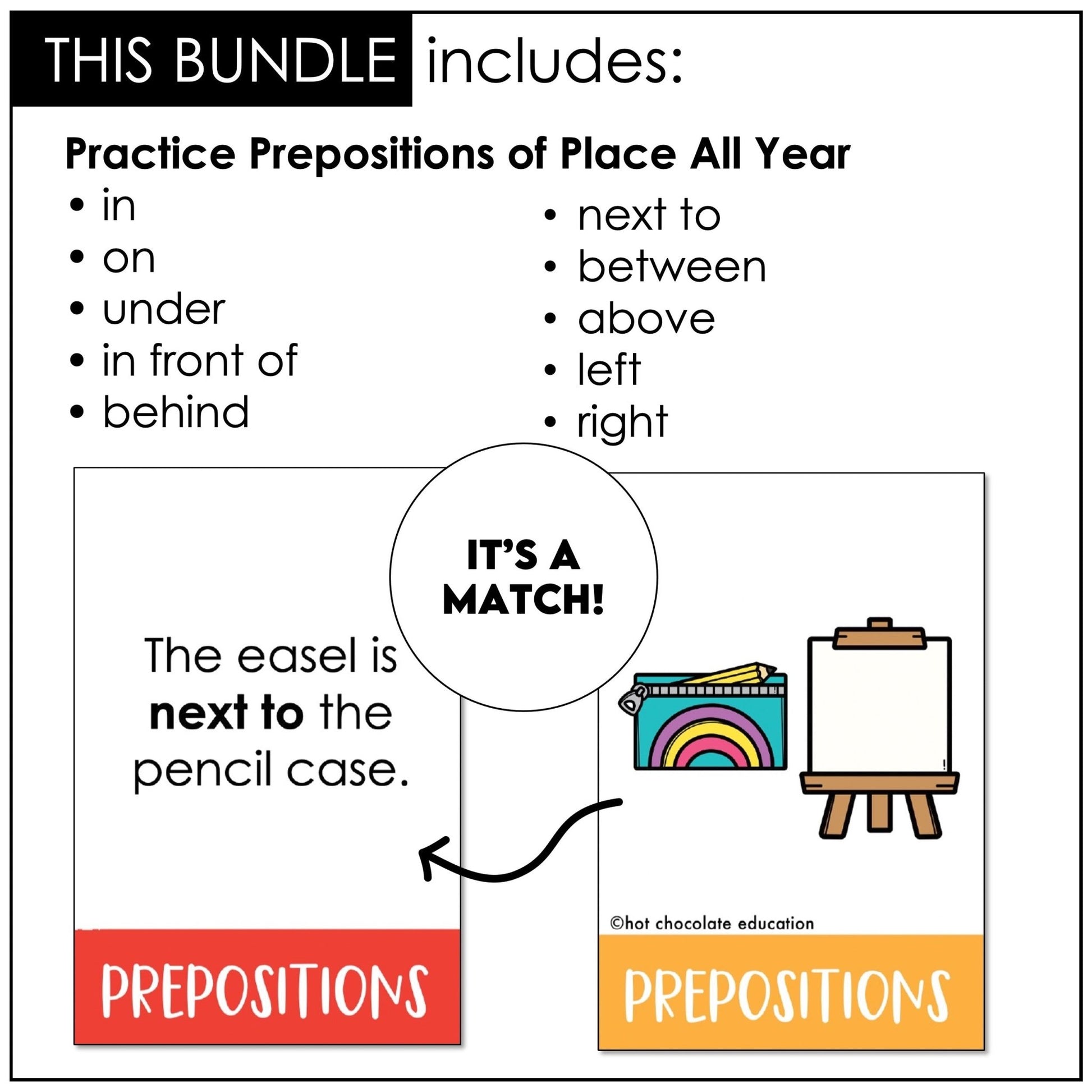 Prepositions of Place Card Match ACTIVITY BUNDLE - Seasonal Vocabulary - Hot Chocolate Teachables