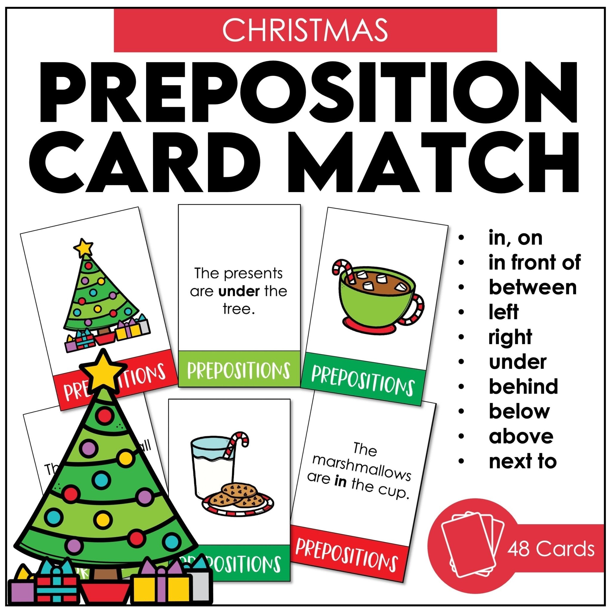 Prepositions of Place Card Match ACTIVITY BUNDLE - Seasonal Vocabulary - Hot Chocolate Teachables
