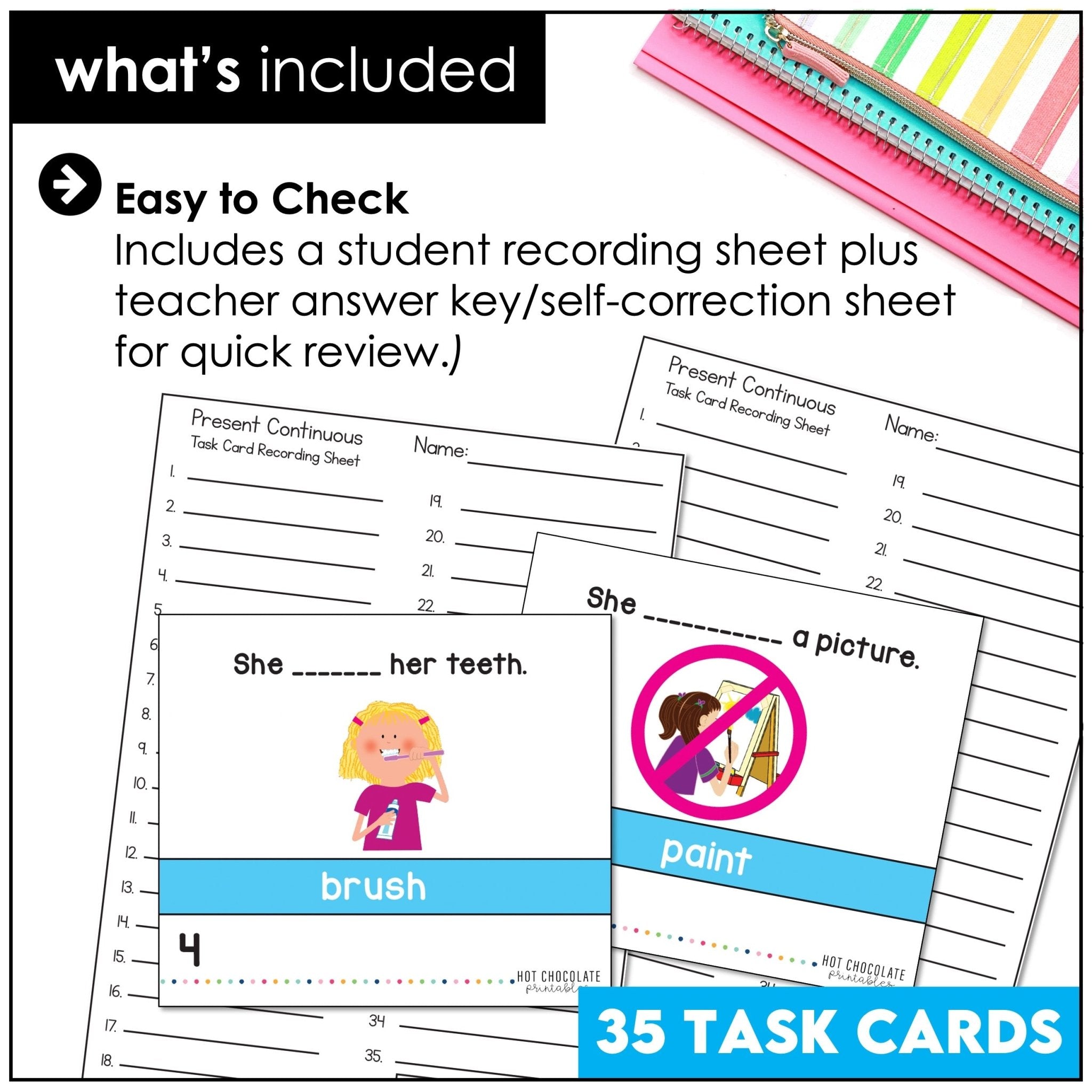 Present Continuous Task Cards : Action Verbs - Positive and Negative Sentences - Hot Chocolate Teachables