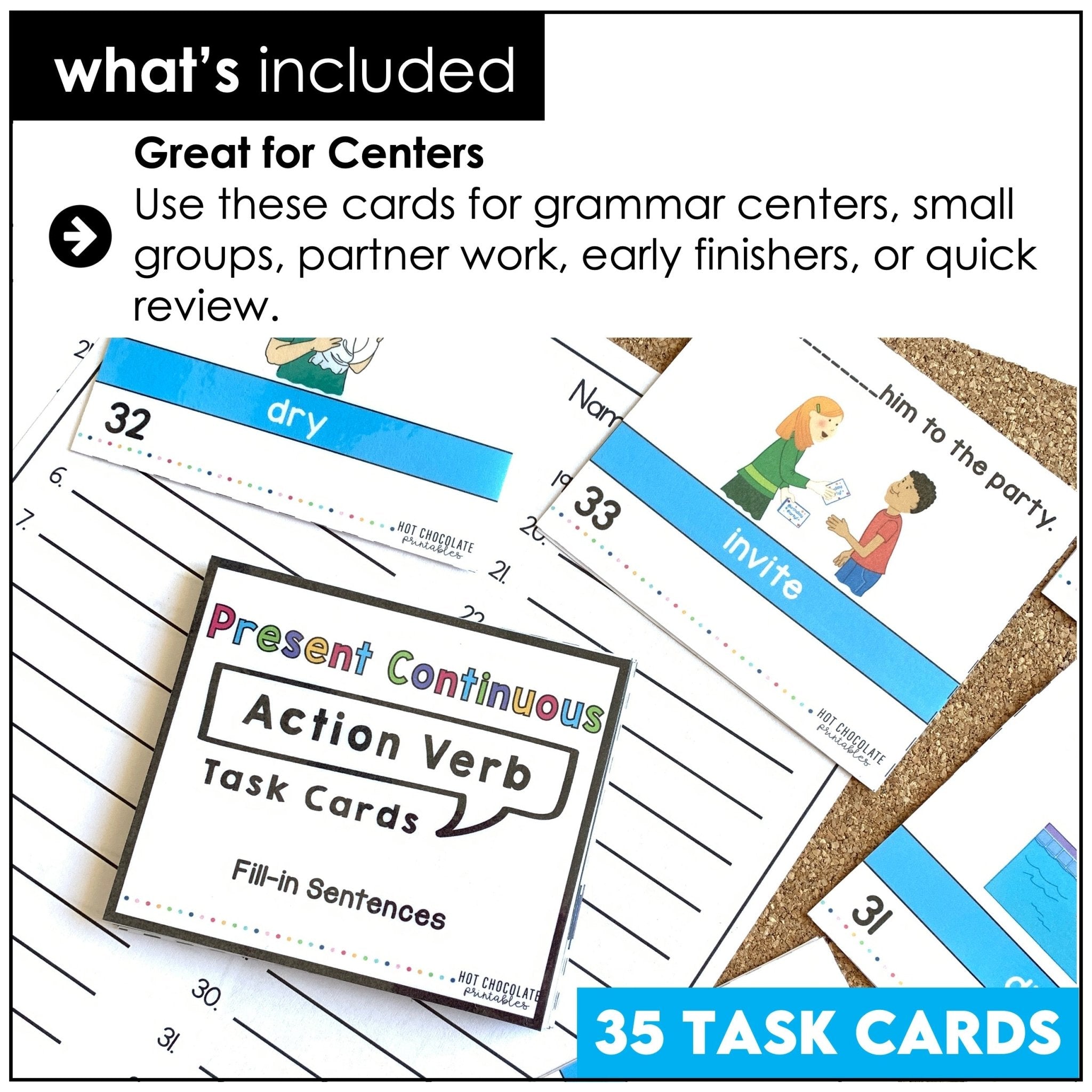 Present Continuous Task Cards : Action Verbs - Positive and Negative Sentences - Hot Chocolate Teachables