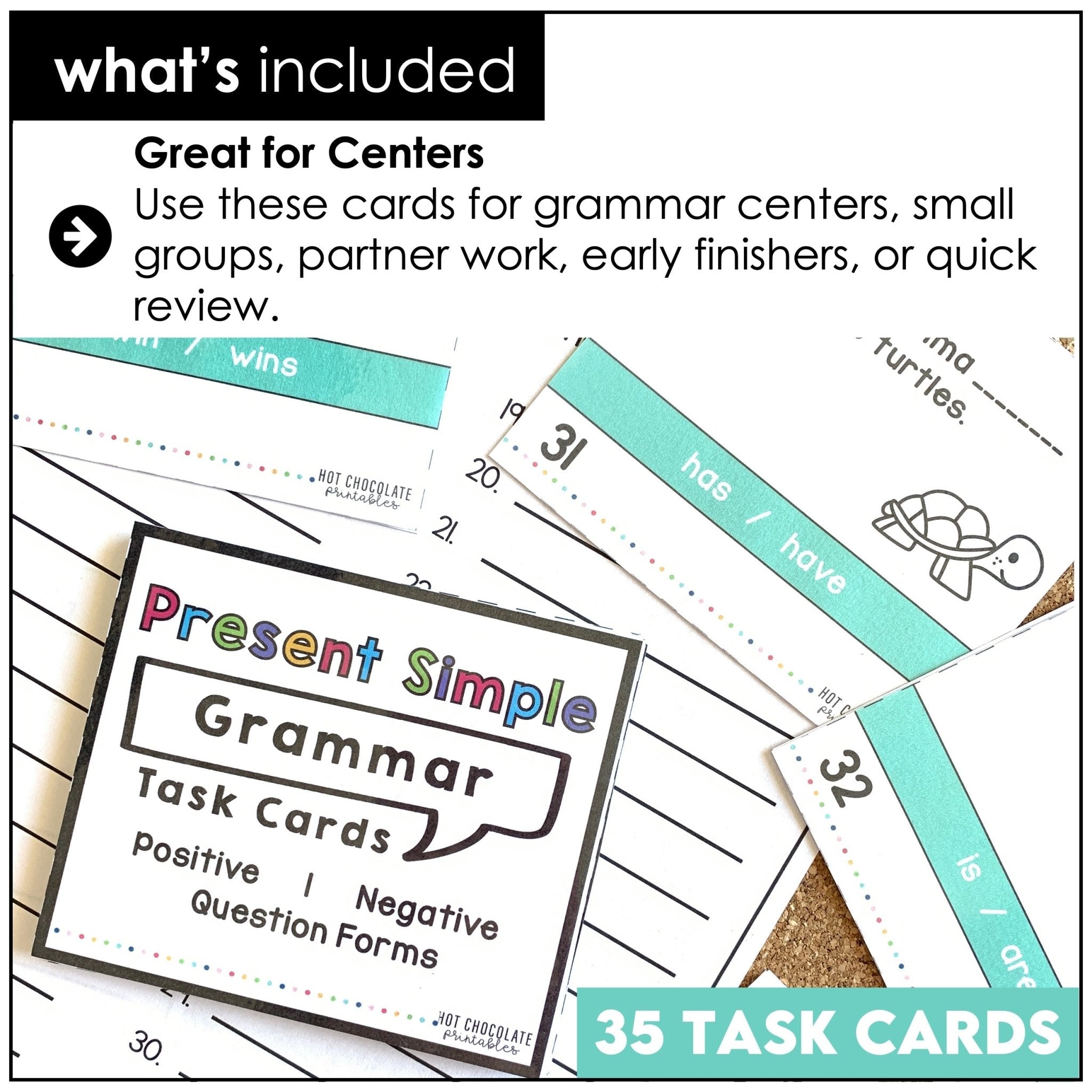 Present Simple Task Cards to practice Positive, Negative and Question Forms - Hot Chocolate Teachables
