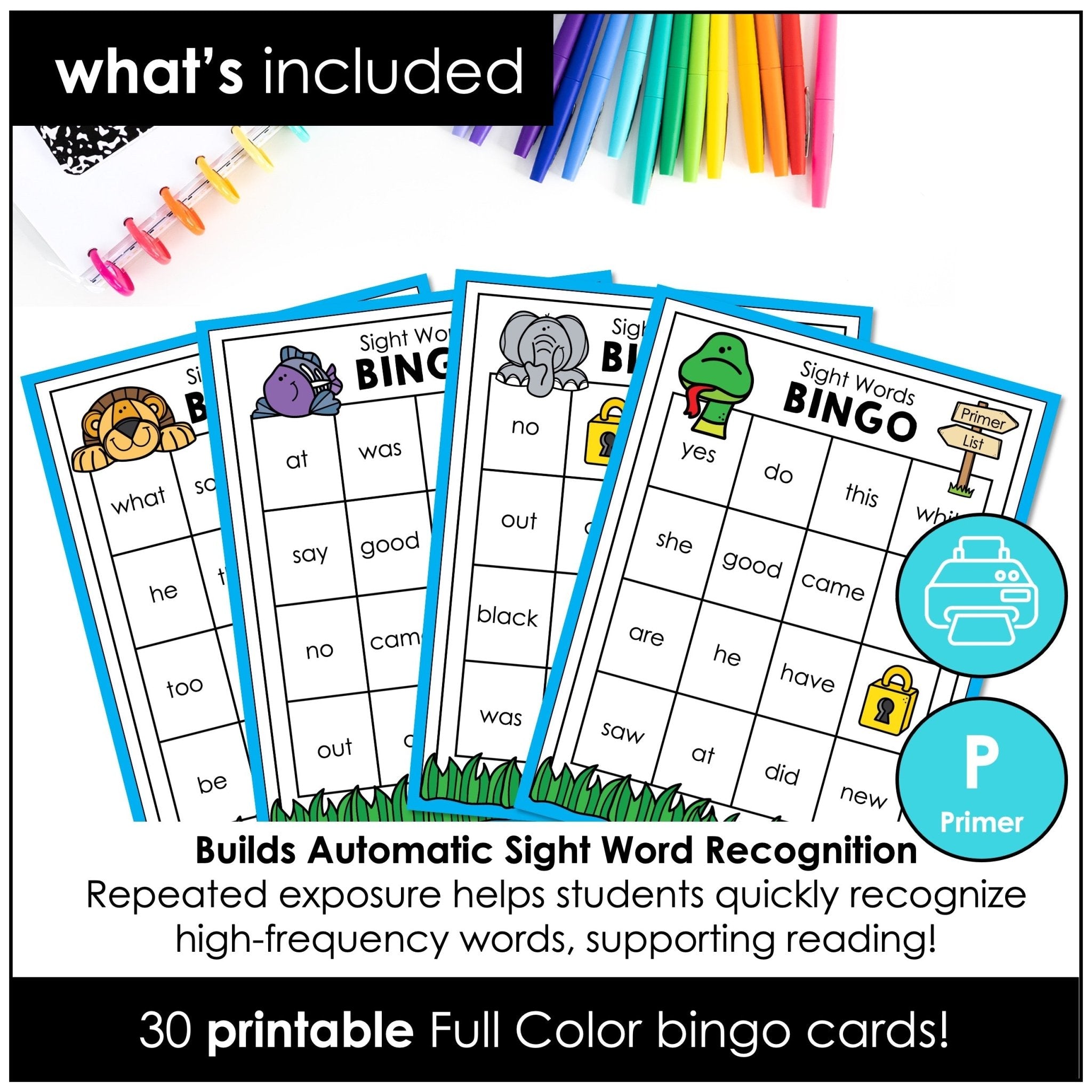Primer List Sight Word Bingo Game for Pre - K through 2nd - Dolch Aligned - Hot Chocolate Teachables
