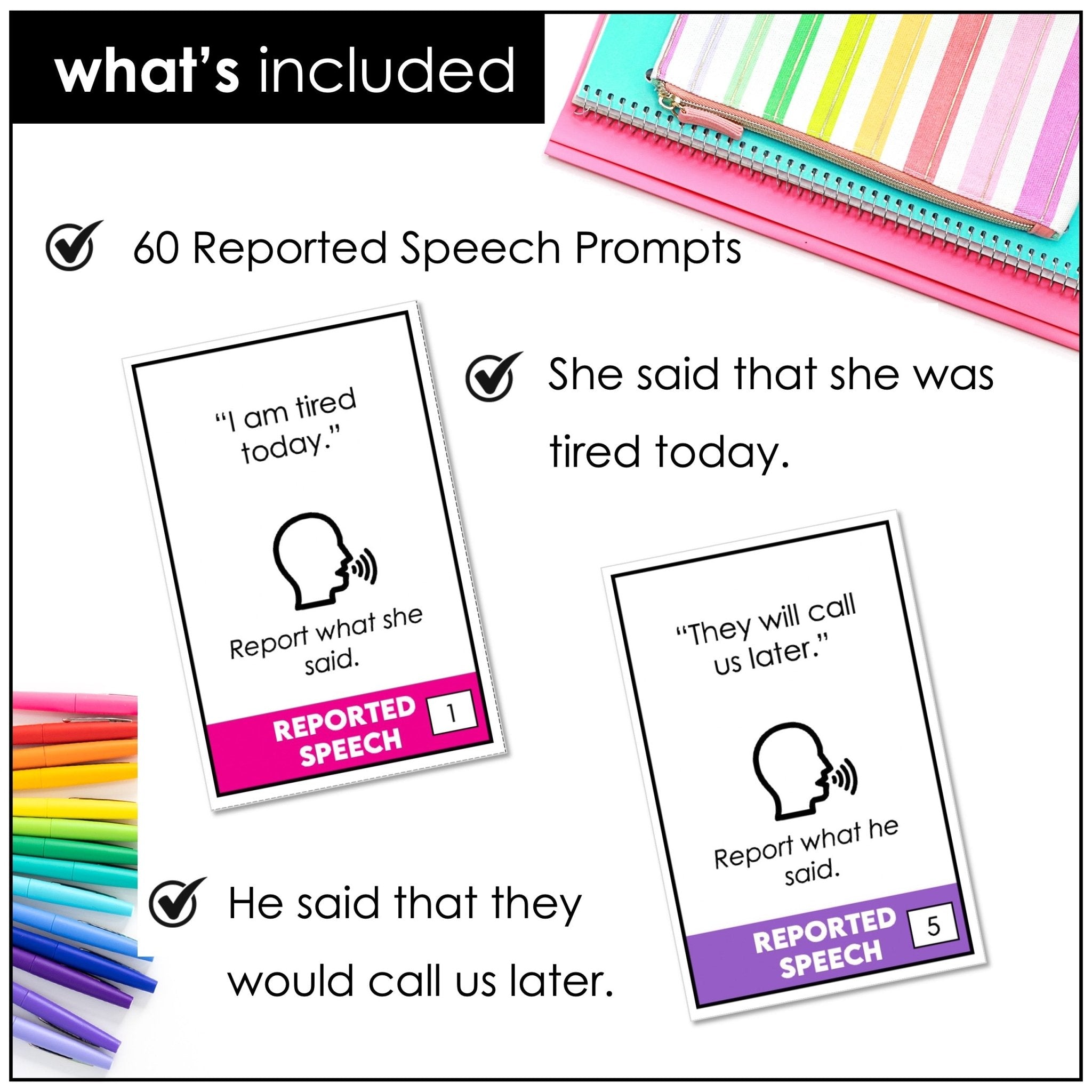 Reported Speech Task Cards – Statements, Questions & Commands ESL Grammar - Hot Chocolate Teachables