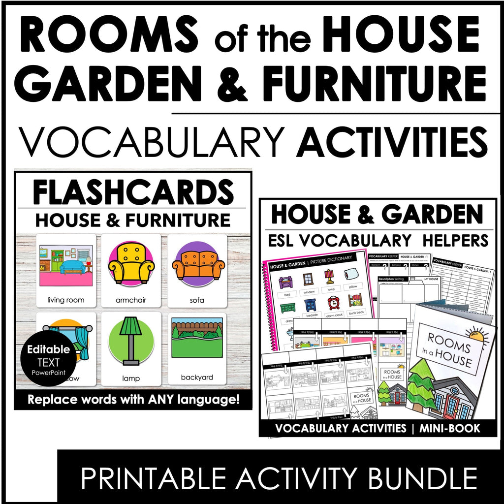 Rooms in the House, Furniture & Garden Vocabulary Activities & Flash Card Bundle - Hot Chocolate Teachables