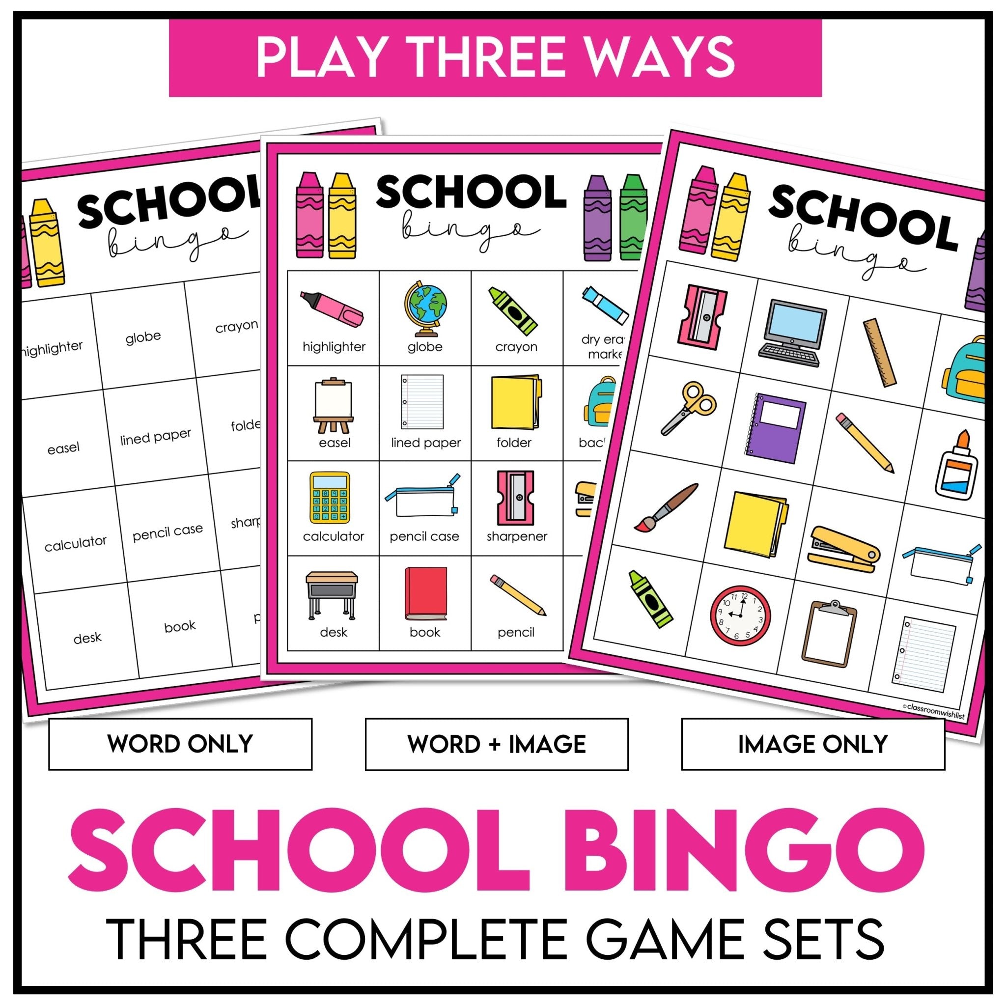 School Supplies Bingo – Back to School Classroom Vocabulary Game - Play 3 Ways - Hot Chocolate Teachables