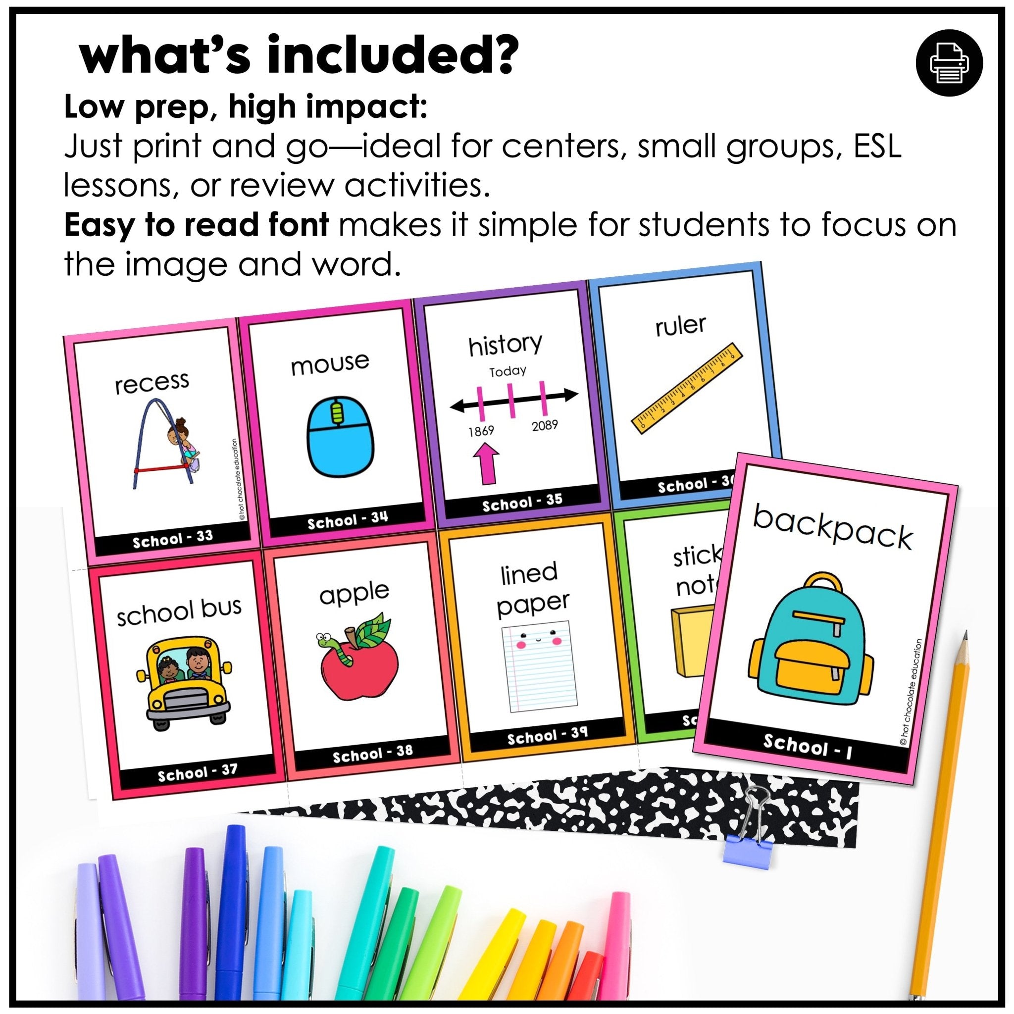School Supplies & Classroom Vocabulary ESL Flashcards - Hot Chocolate Teachables
