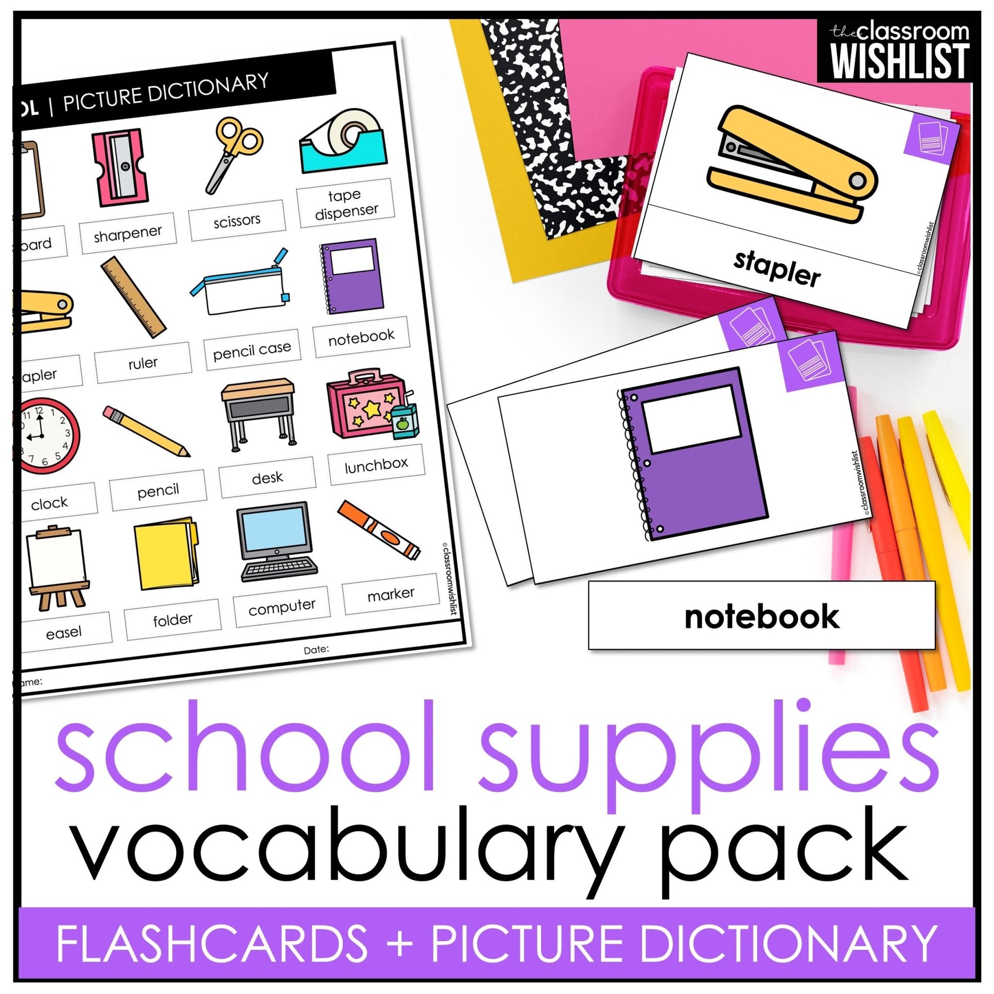 School Supplies Vocabulary English Flashcards ESL ELL Young Learners, Newcomers - Hot Chocolate Teachables