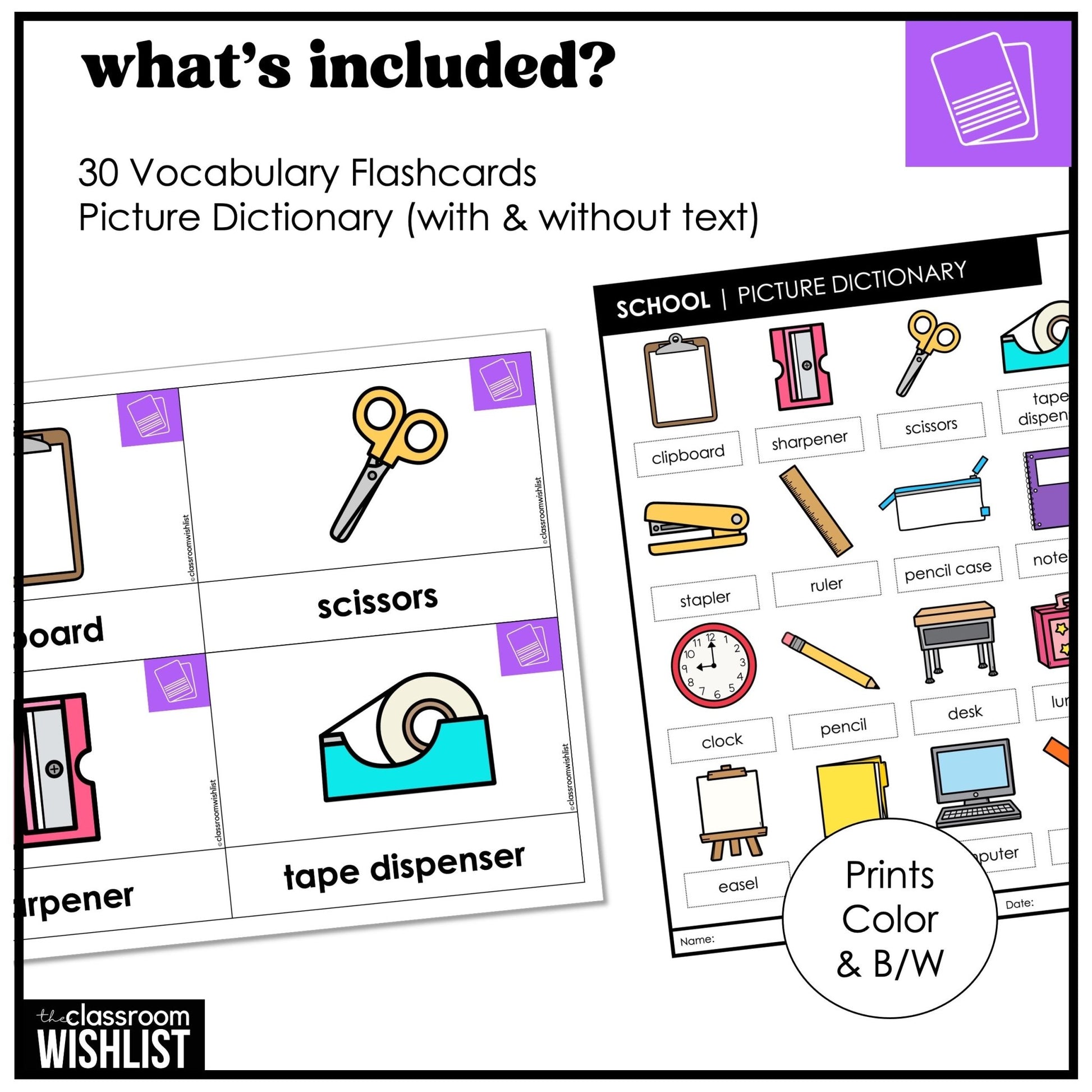 School Supplies Vocabulary English Flashcards ESL ELL Young Learners, Newcomers - Hot Chocolate Teachables