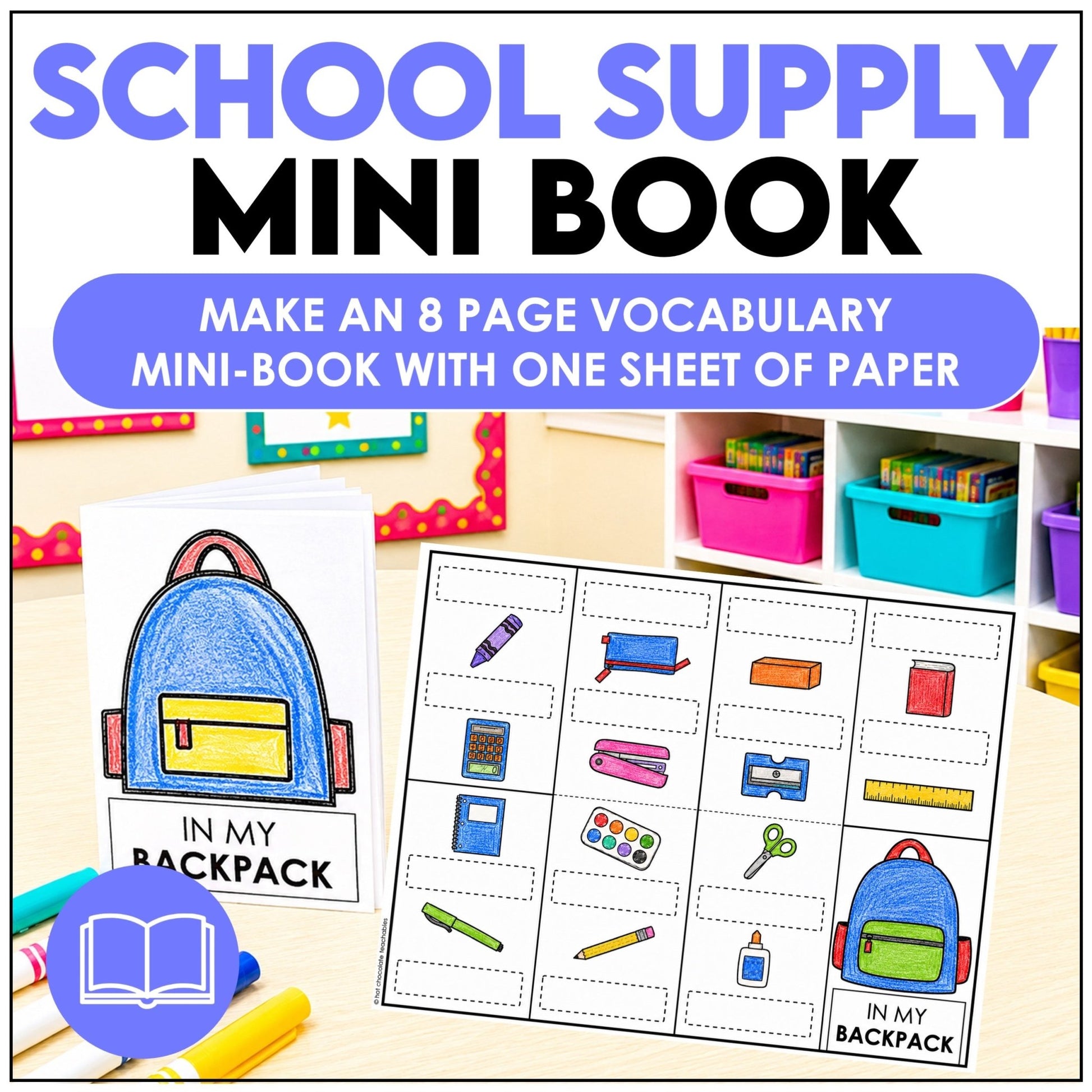 School Supplies Vocabulary Mini-Book | Classroom Vocabulary Picture Dictionary - Hot Chocolate Teachables