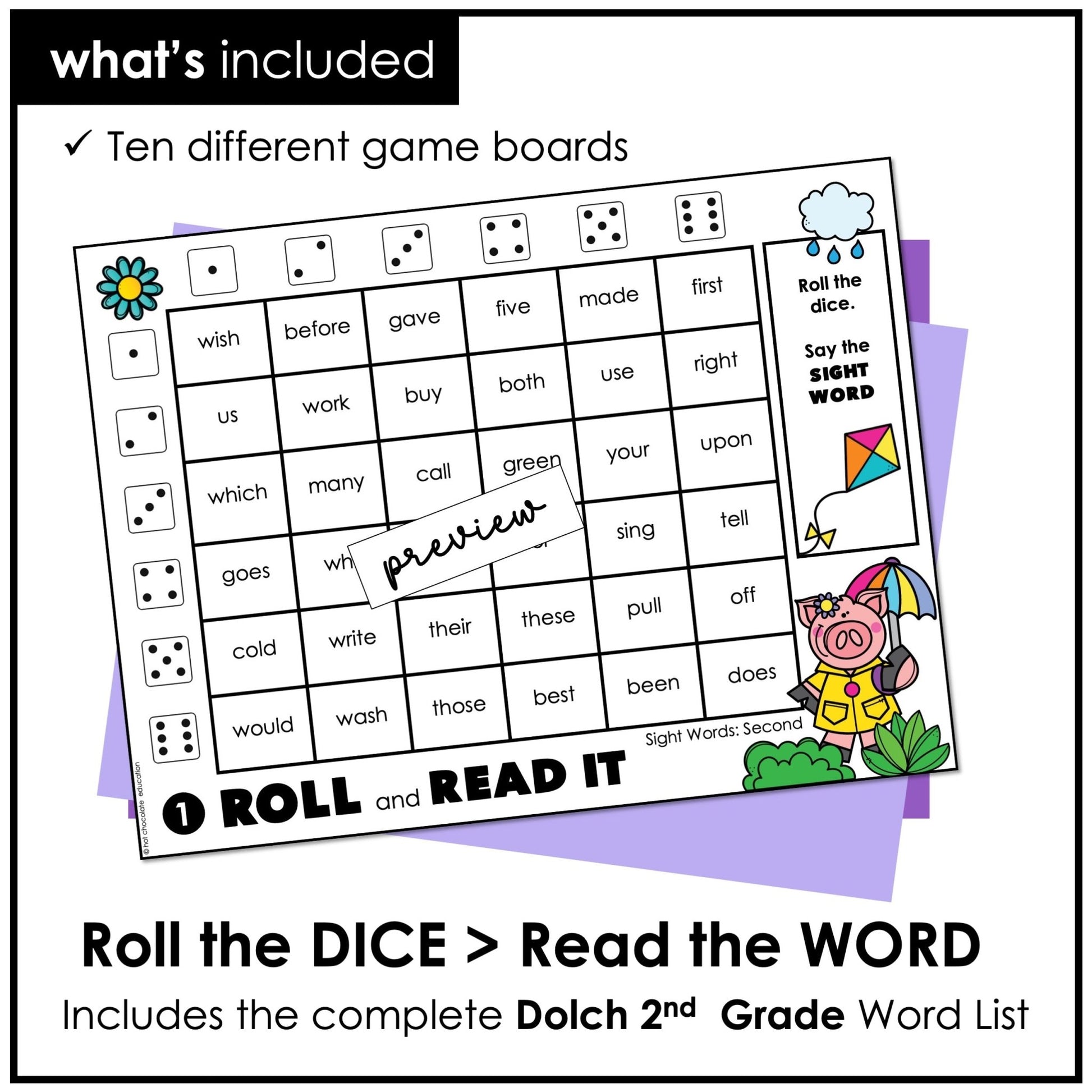 SECOND GRADE Sight Words Roll & Read Activity Boards - Dolch List - Hot Chocolate Teachables