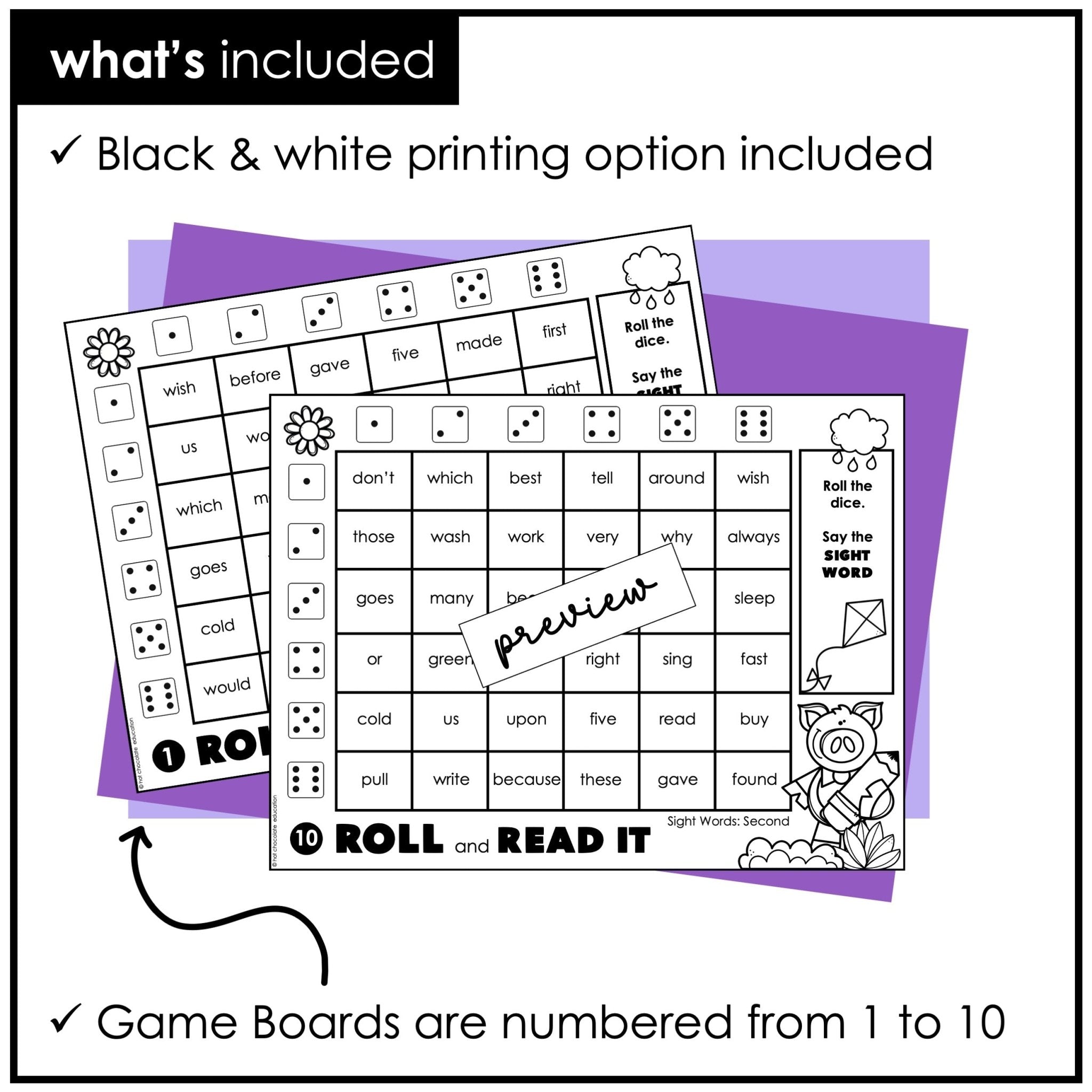 SECOND GRADE Sight Words Roll & Read Activity Boards - Dolch List - Hot Chocolate Teachables