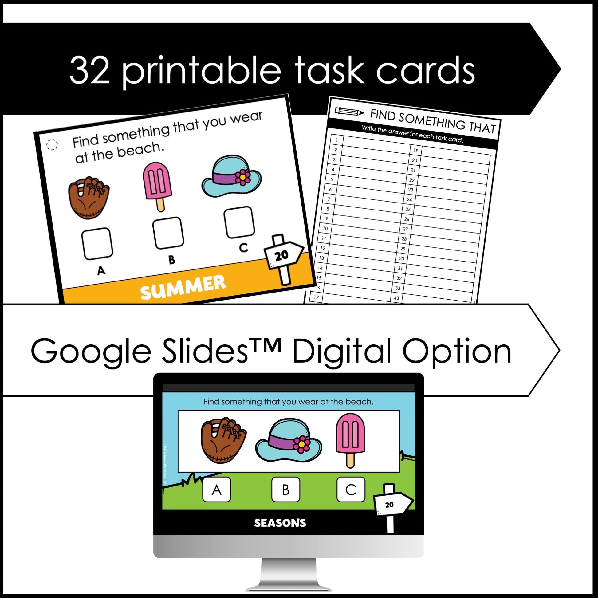 Sentence & Vocabulary Comprehension Task Cards - Spring Summer Fall Winter - Hot Chocolate Teachables