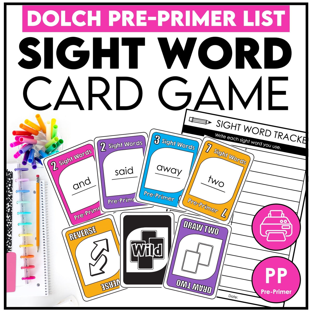 Sight Word Reading Practice Card Game | Pre - Primer Dolch Aligned - Plays like UNO - Hot Chocolate Teachables