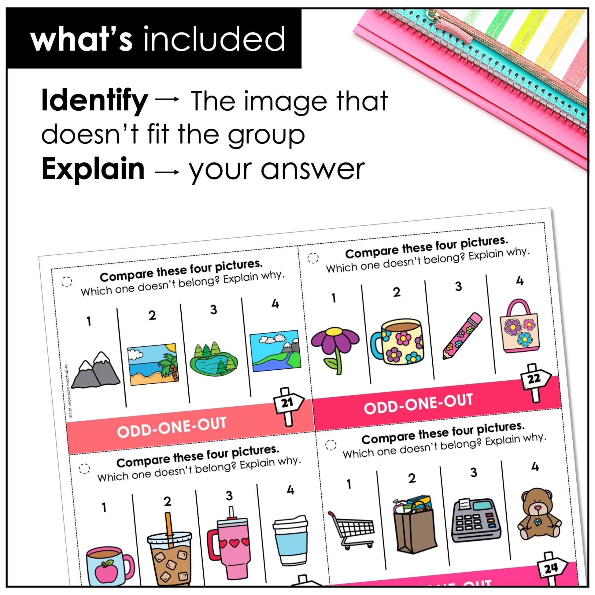 Speaking Activity Task Cards: Odd one out - Which object doesn't belong and why? - Hot Chocolate Teachables