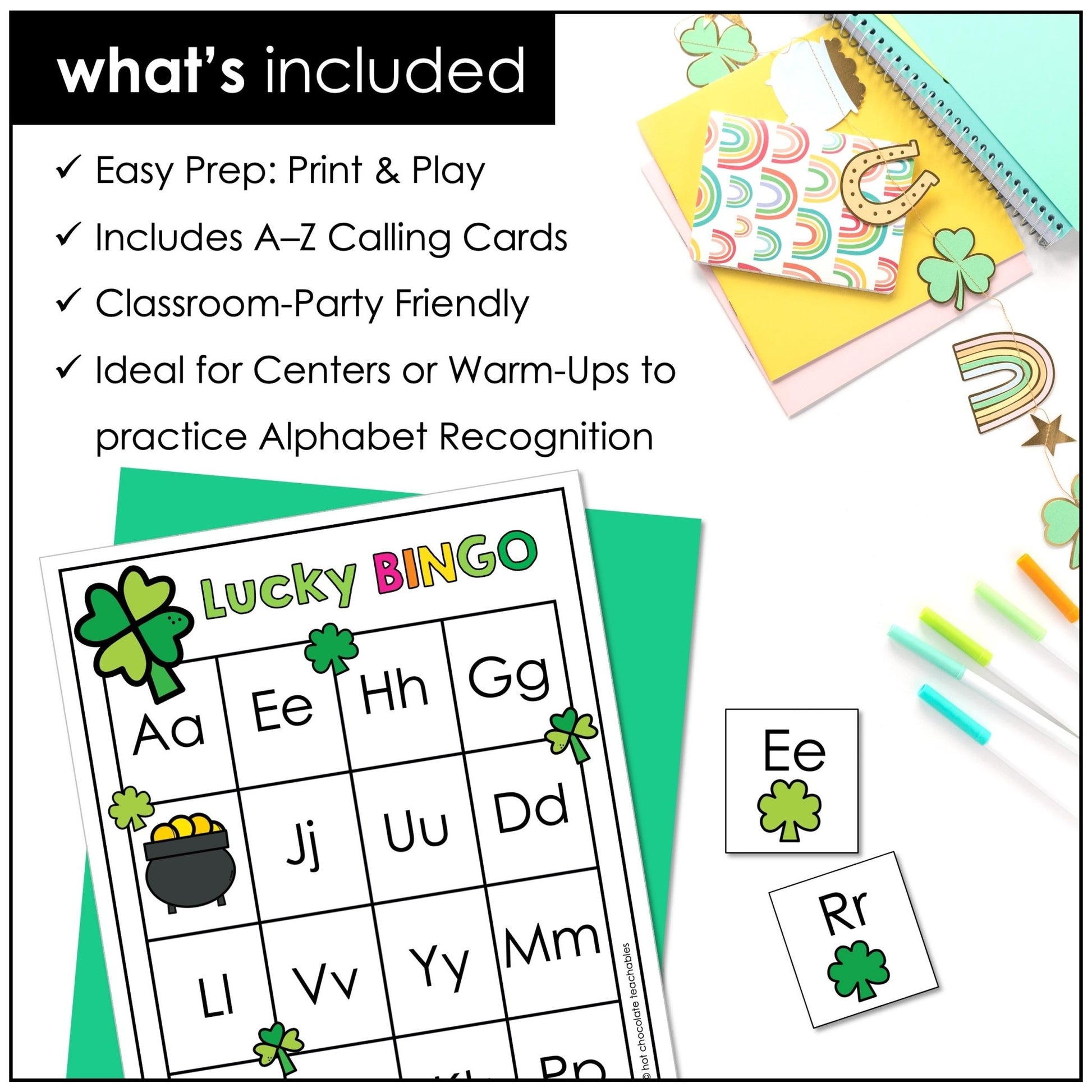 St. Patrick's Day Alphabet Bingo Game for March - Uppercase Letters A through Z - Hot Chocolate Teachables