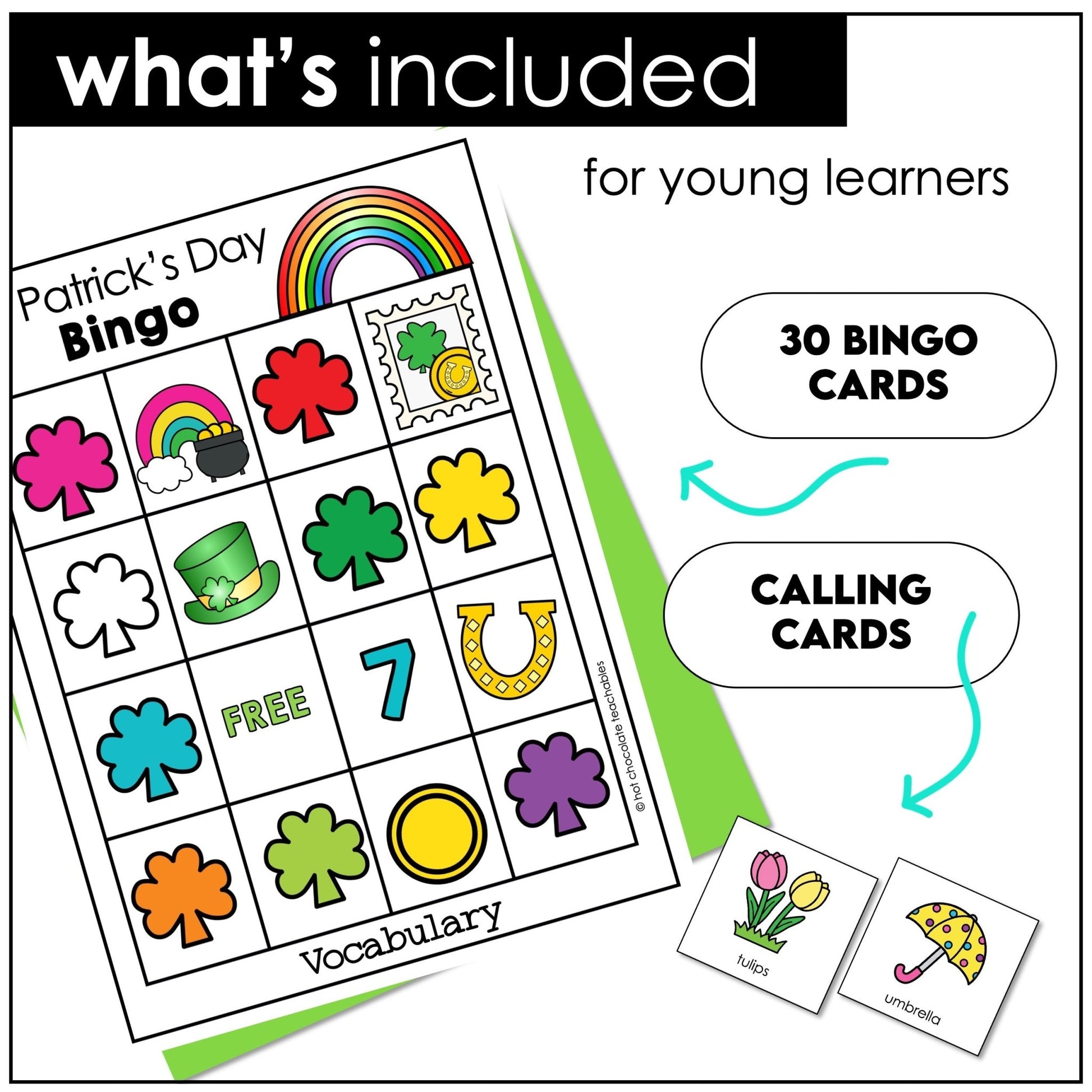 St. Patrick's Day Basic Vocabulary & Colors BINGO for ESL - Hot Chocolate Teachables