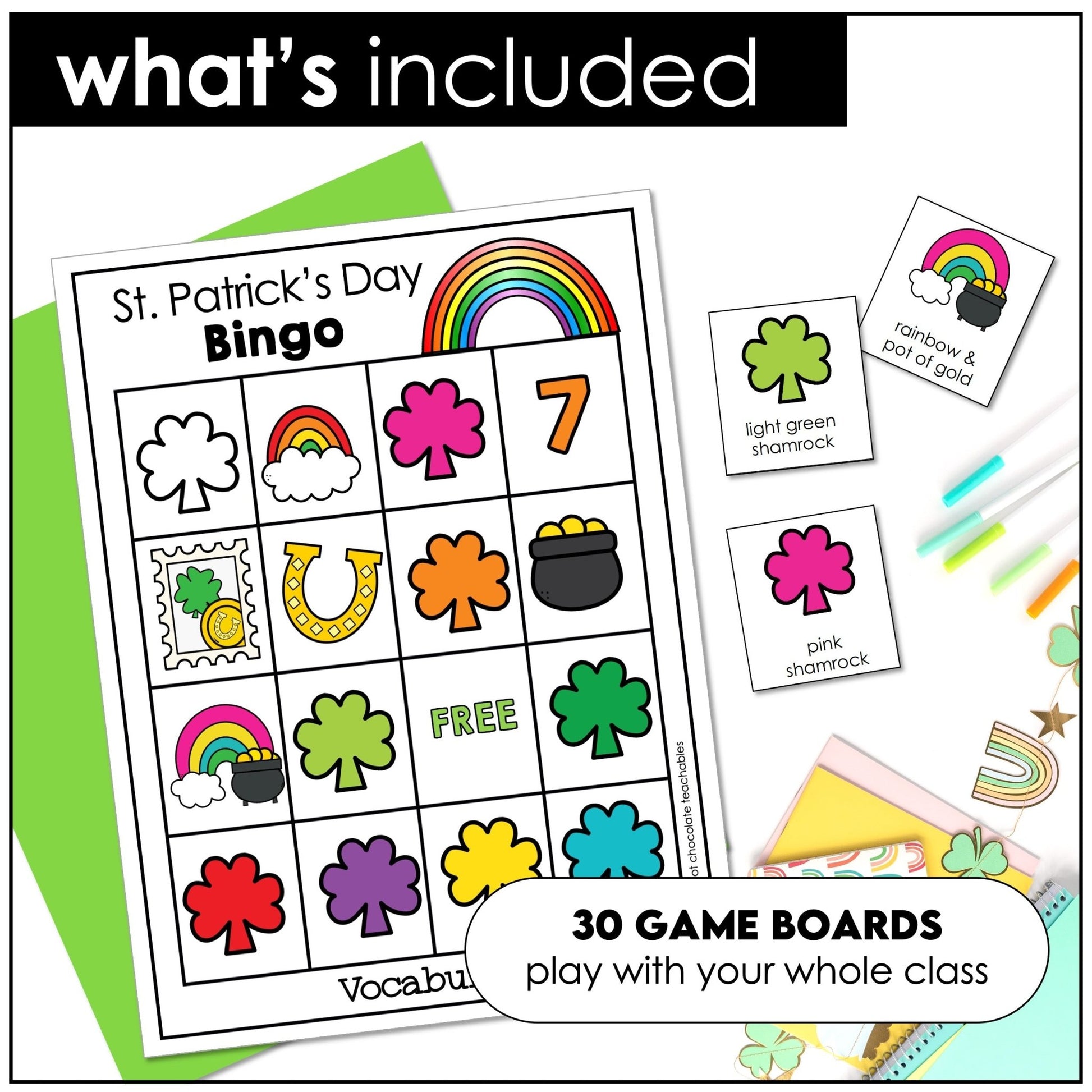 St. Patrick's Day Basic Vocabulary & Colors BINGO for ESL - Hot Chocolate Teachables