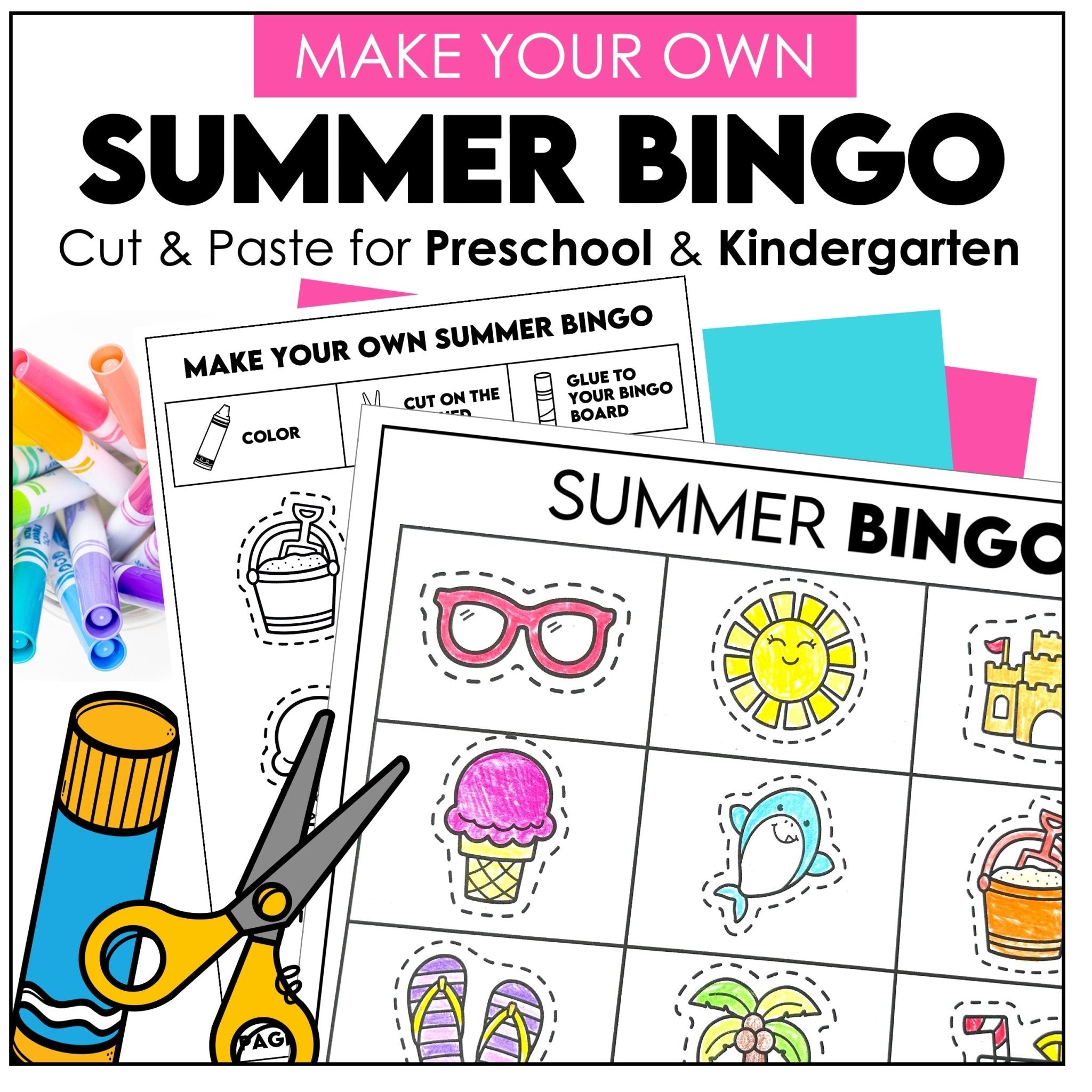 Summer Bingo Game – Cut & Paste Preschool Kindergarten Fine Motor Activity - Hot Chocolate Teachables