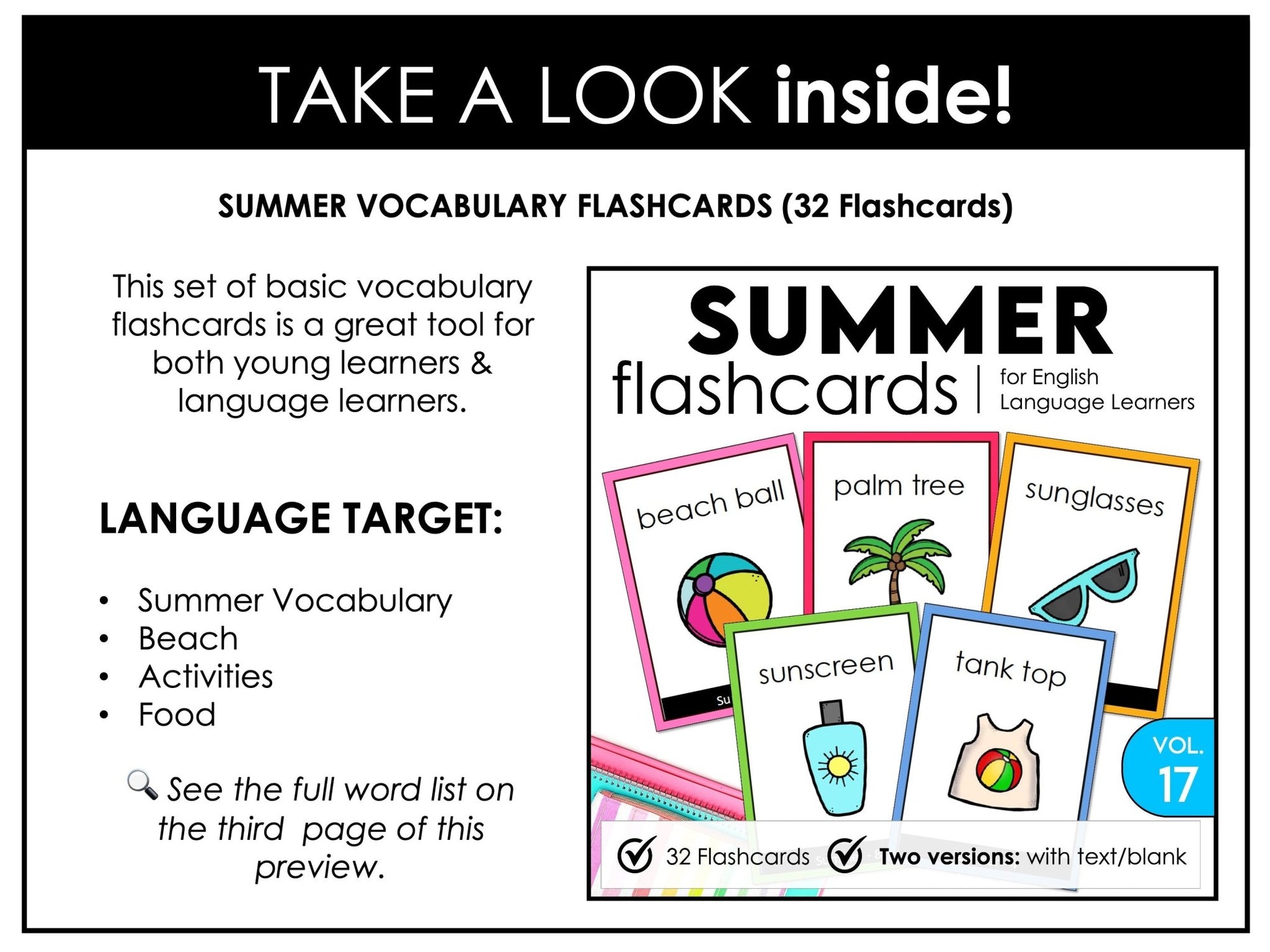 Summer Vocabulary Flashcards : ESL task cards - Flash Cards - Hot Chocolate Teachables