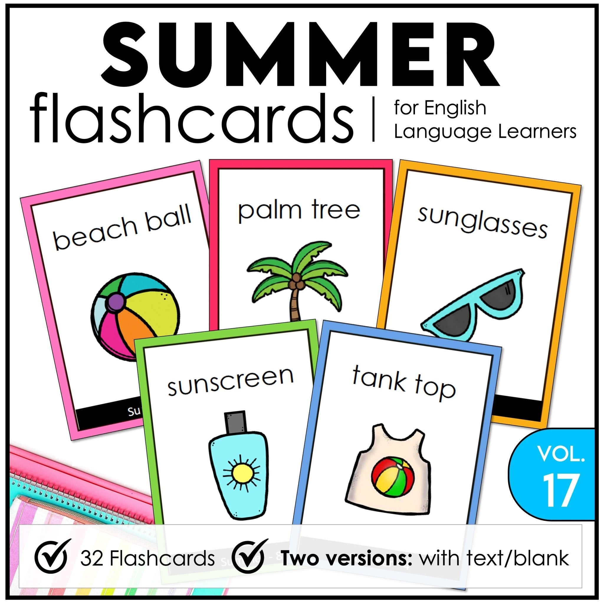 Summer Vocabulary Flashcards : ESL task cards - Flash Cards - Hot Chocolate Teachables