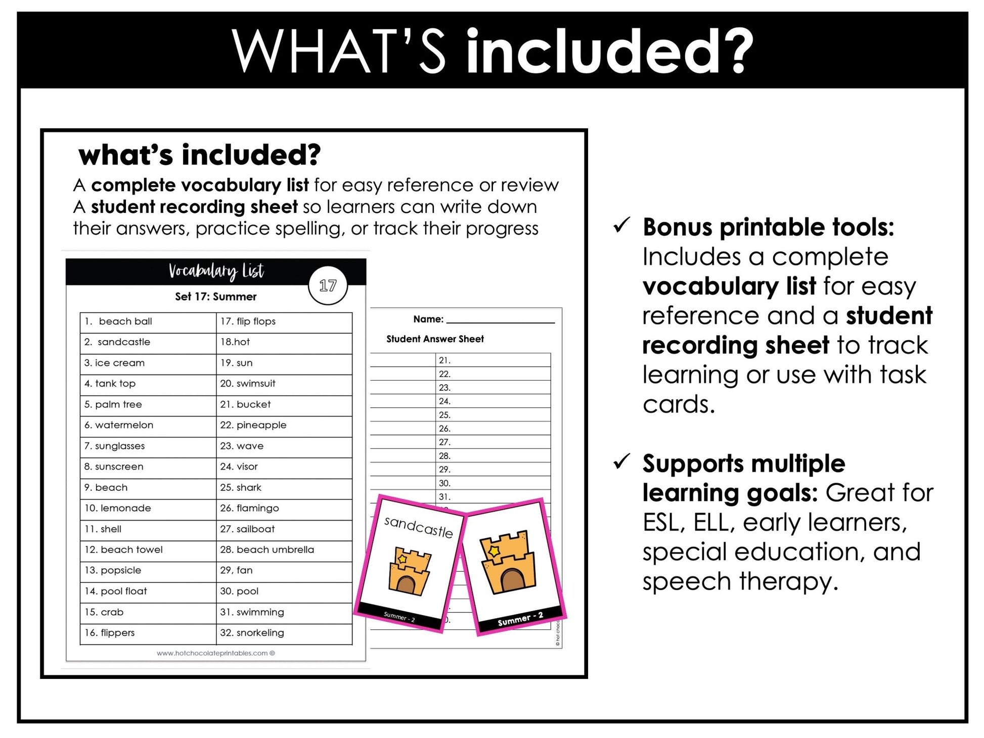 Summer Vocabulary Flashcards : ESL task cards - Flash Cards - Hot Chocolate Teachables