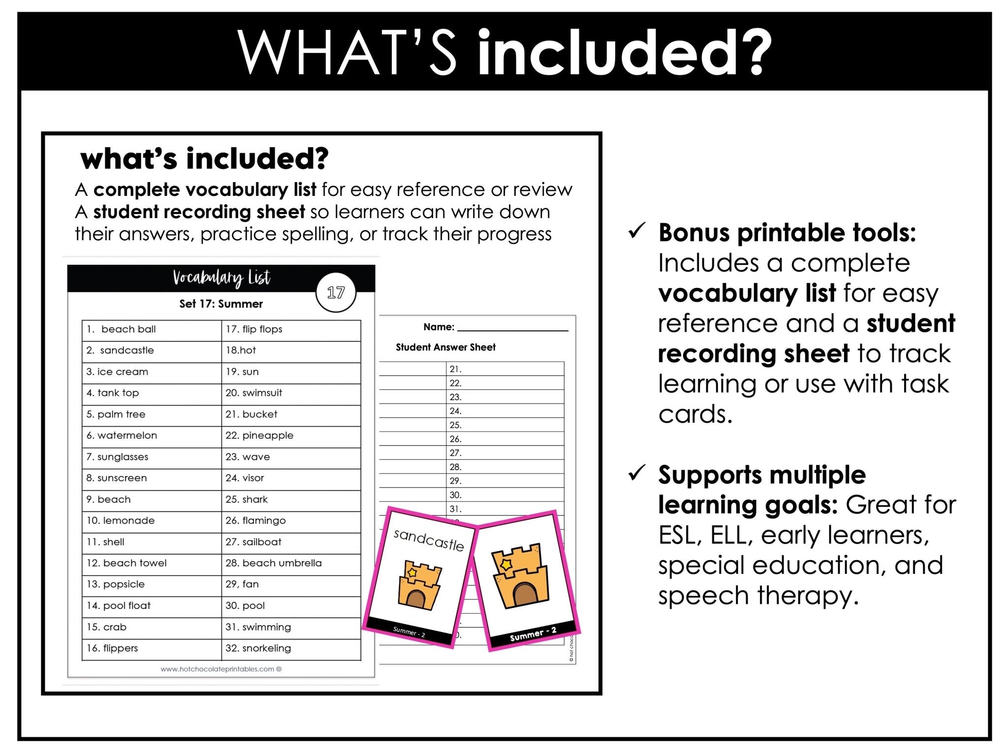 Summer Vocabulary Flashcards : ESL task cards - Flash Cards - Hot Chocolate Teachables