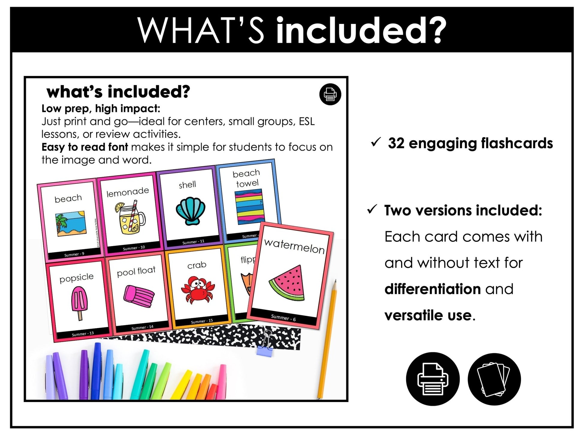 Summer Vocabulary Flashcards : ESL task cards - Flash Cards - Hot Chocolate Teachables